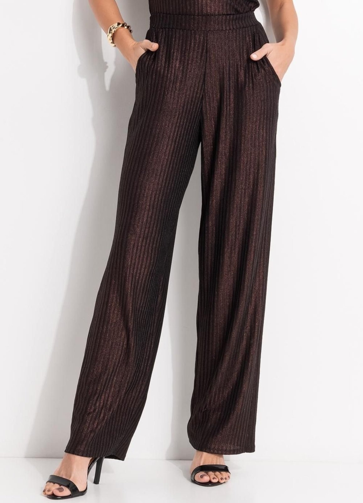 Imagem principal Calça Em Malha Canelada Com Lurex Quintess marrom