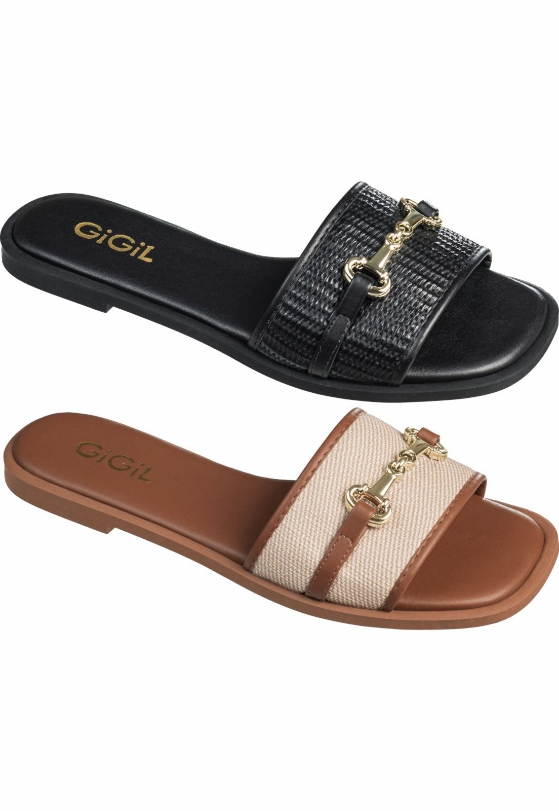 Imagem principal Kit 2 Pares Sandalia Feminina Rasteirinha GIGIL Flat Bridão Metalizado Gigil bege/preto