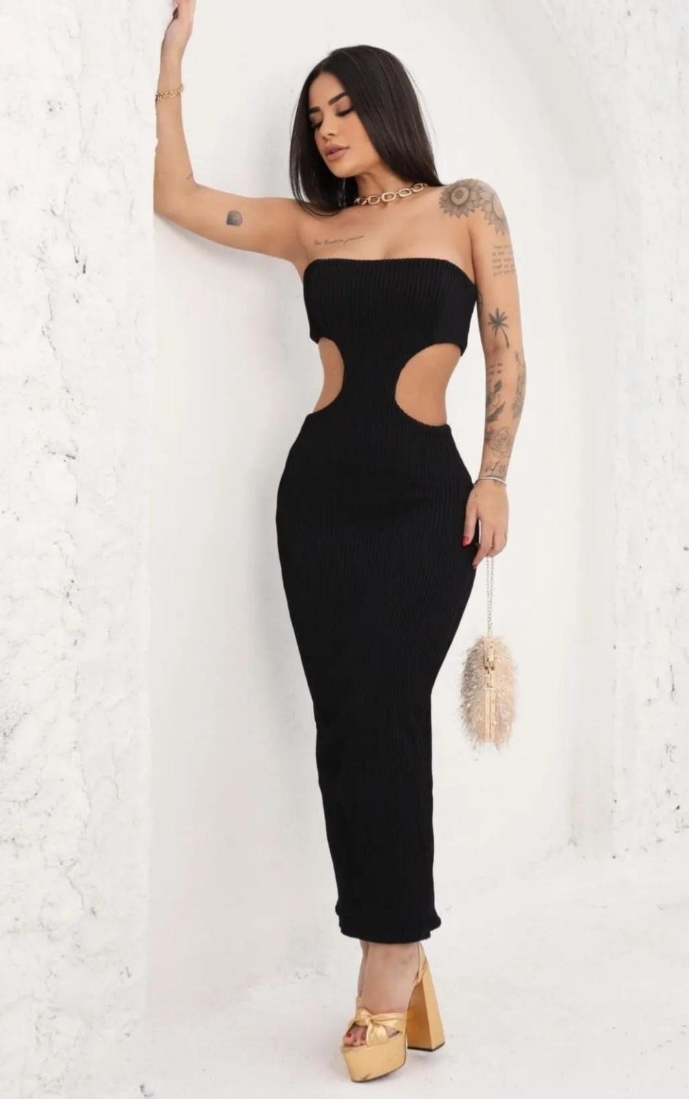 Imagem principal Vestido Kendal Tomara que caia Canelado Midi Cia do Vestido preto