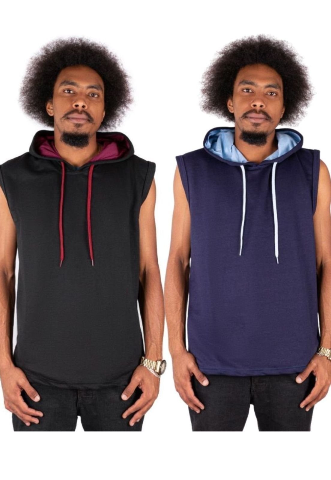 Imagem principal Kit 2 Blusas Regata De Moletom Cavada Com Touca Fechado Liso Relaxado azul marinho/preto