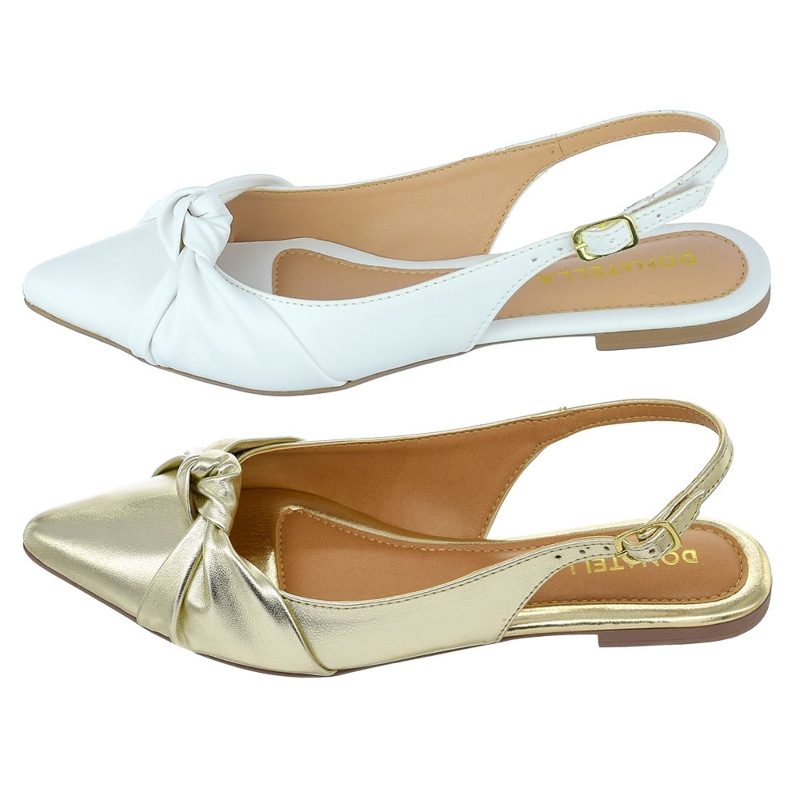 Imagem principal Kit 2 Pares Sapatilha Feminina Bico Fino Mule Slingback CM Calçados Nó Ouro Light e Branco Monte Shoes dourado