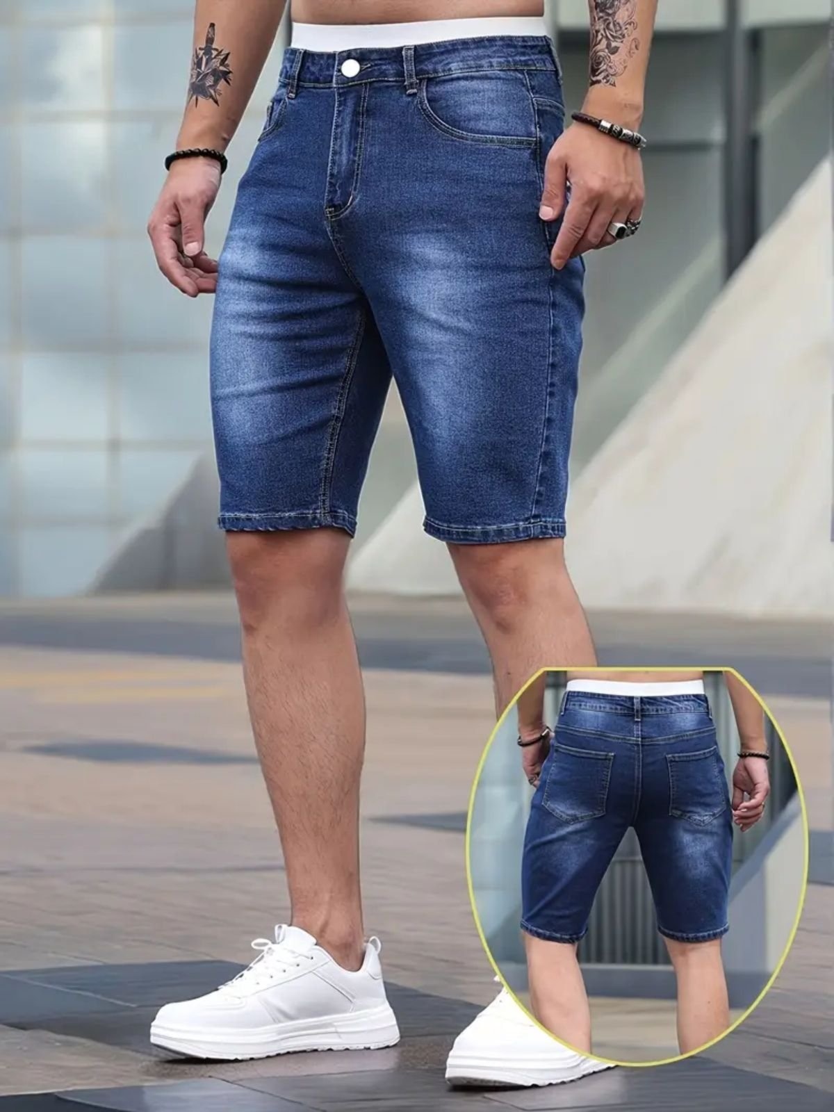 Imagem principal Bermuda Jeans Masculina Kovali Casual Skinny Premium Com Elastano Confortável Style Escuro KOVALI FASHION STORE azul/jeans azul