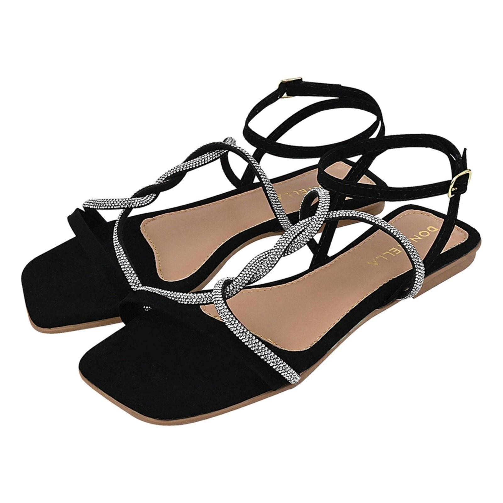 Imagem principal Sandália Rasteira Feminina Donatella Bico Quadrado Brilho Strass Trança Novo Camurça Monte Shoes preto