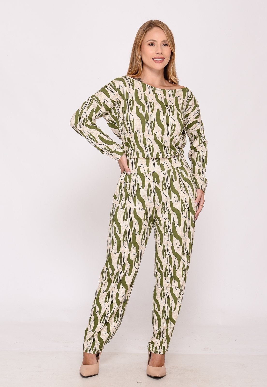 Imagem principal Macacão M/L Decote Canoa BBonnie Maitê Estampa Estampado BBonnie verde