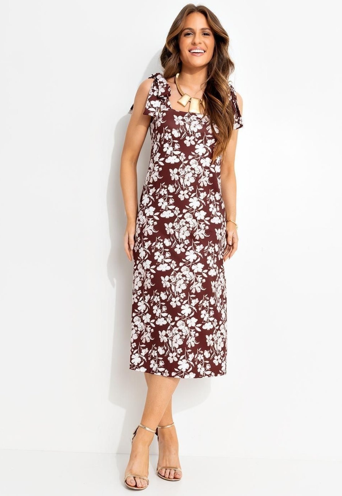 Imagem principal Vestido Em Malha Fria Floral Pincelado Quintess marrom