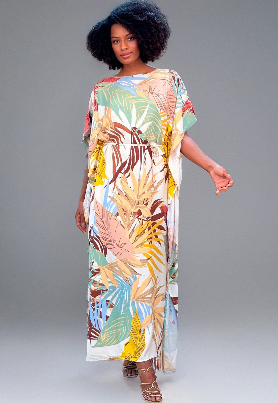 Imagem principal Vestido Amazonia Vital Kaftan Viscose Longo Estampa Aurora Suave Amazonia Vital amarelo/branco/estampado