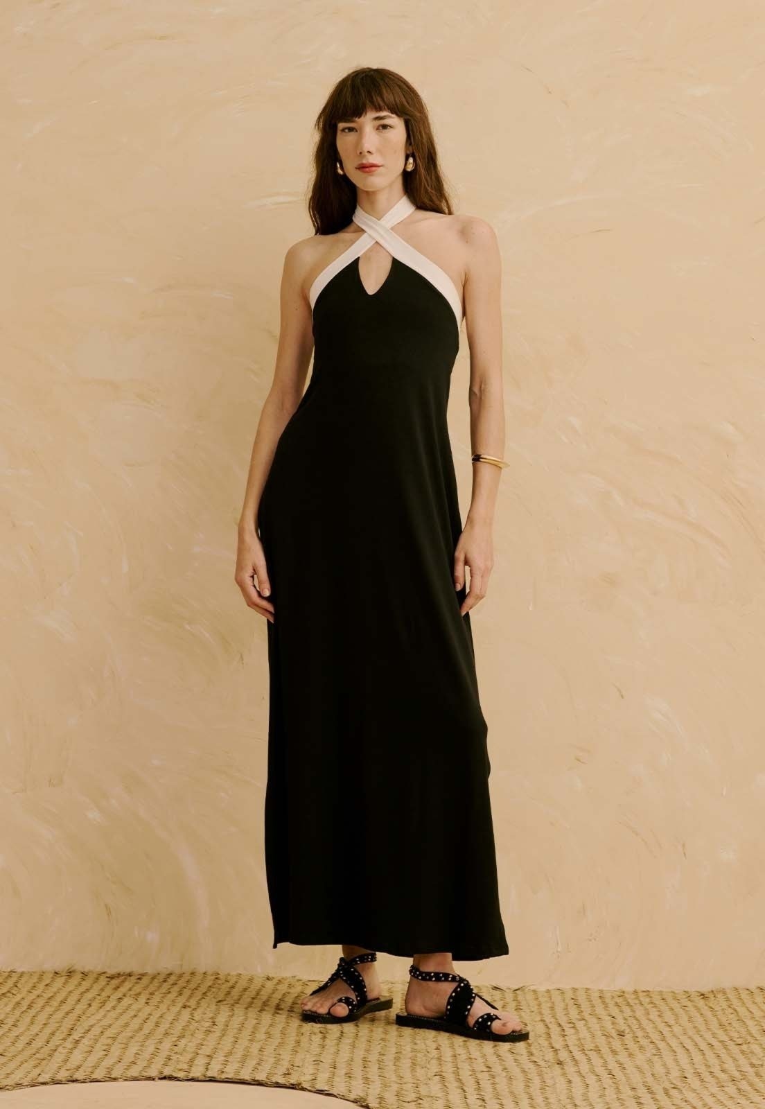 Imagem principal Vestido Bicolor com Decote Cruzado CaCay preto