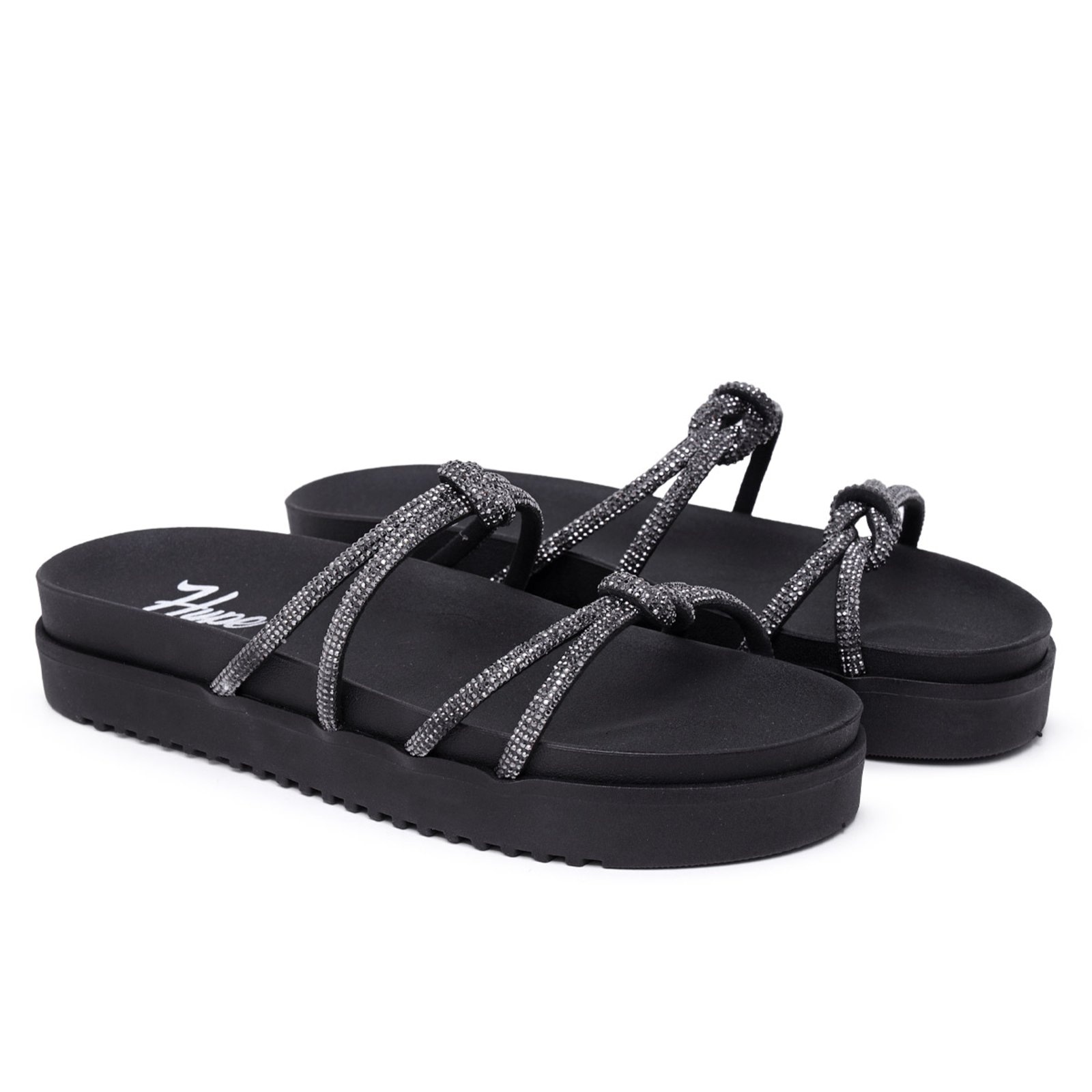 Imagem principal Sandália Papete Feminina Macia Moda Tiras Strass Brilho Solado Anatômico Leve Hype preto