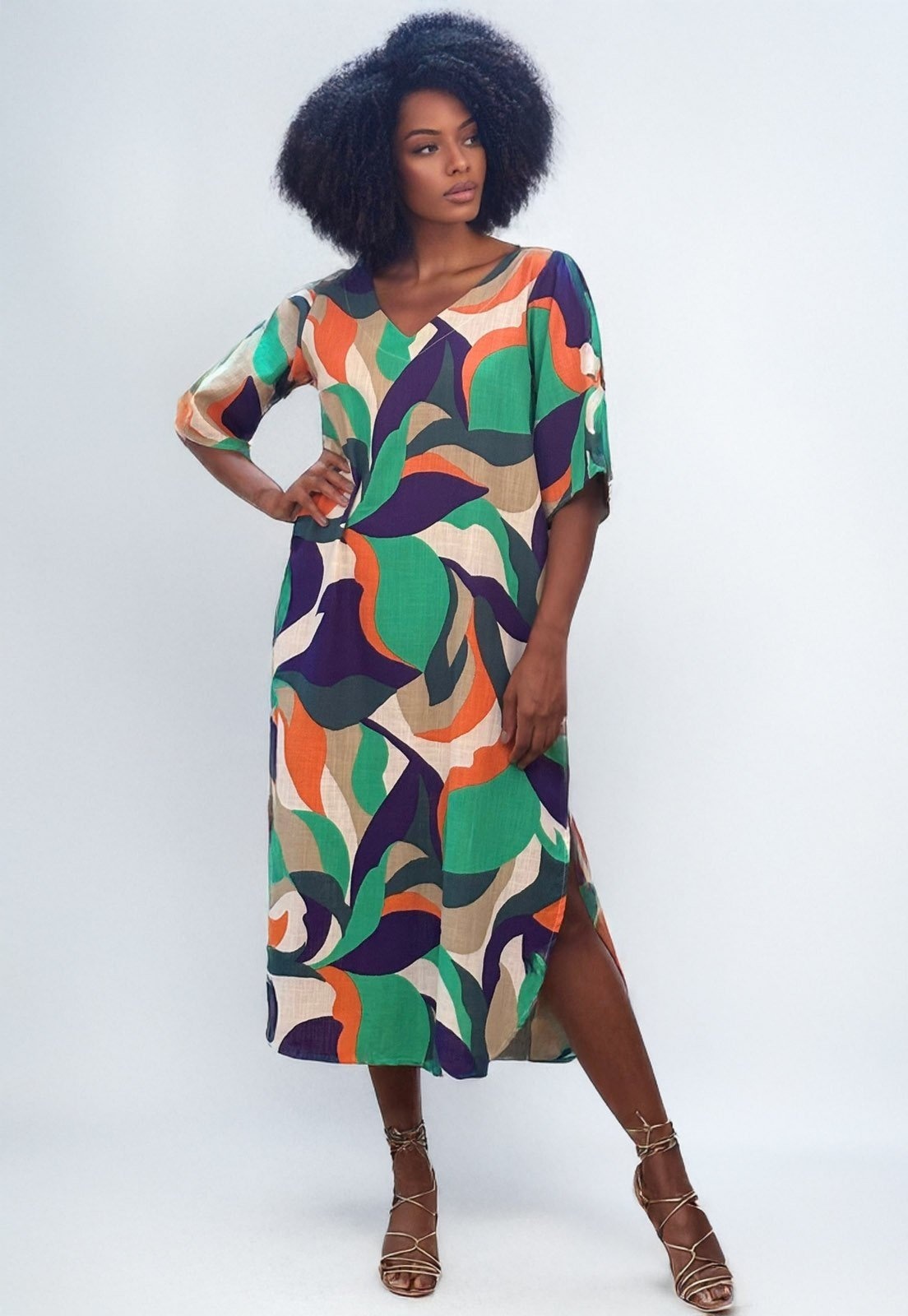 Imagem principal Vestido Midi Amazonia Vital Abapã Plano com Bolso Estampa Brisa do Mar Amazonia Vital azul/branco/estampado/laranja