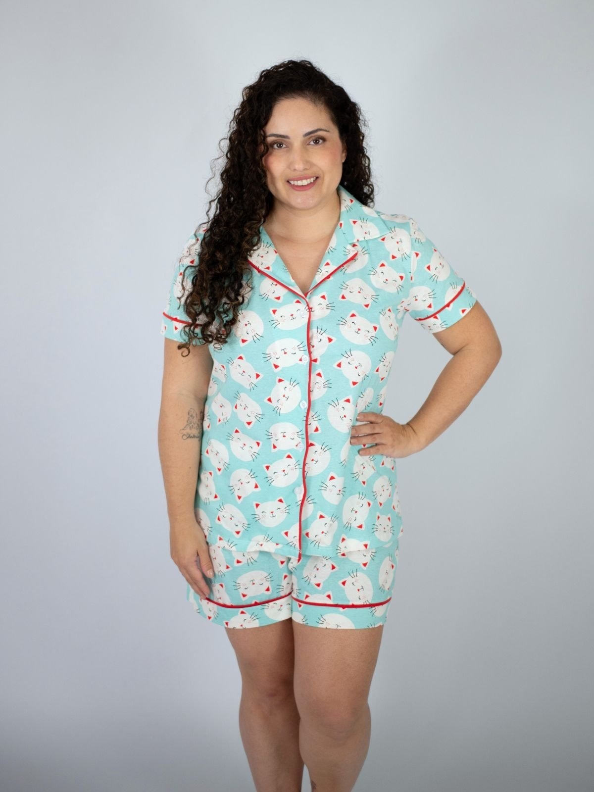 Imagem principal Pijama Algodão Plus Size Americano Curto Flávia - Gatinhos Piante verde
