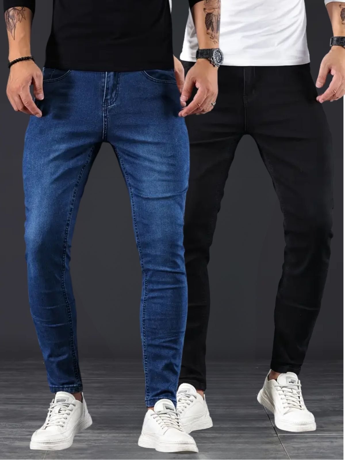 Imagem principal Kit 2 Calças Jeans Masculina Skinny KOVALI Casual Premium Confortável com Elastano e Preto KOVALI FASHION STORE azul/azul marinho/preto azul
