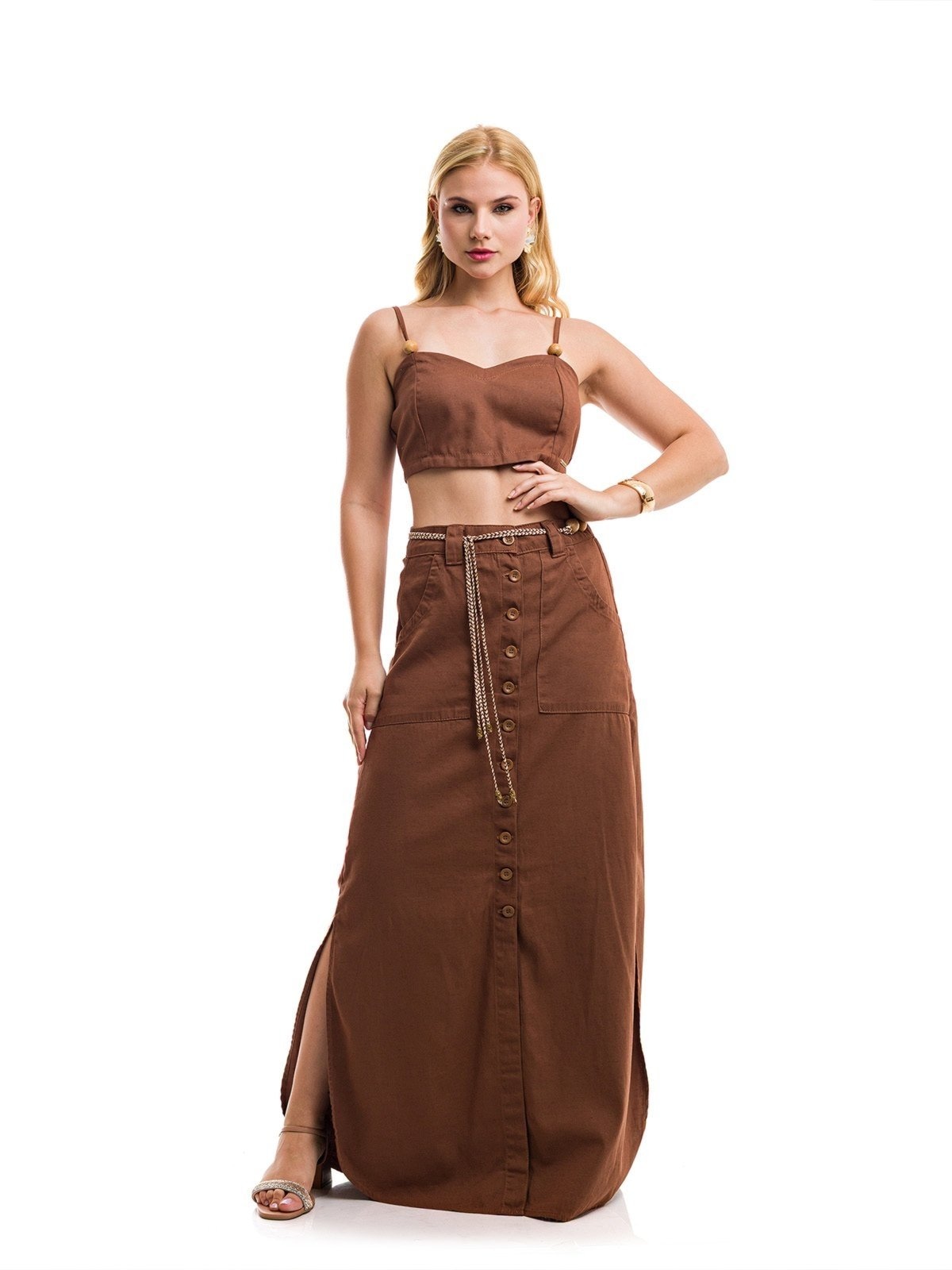 Imagem principal Conjunto Restrito Jeans Cropped e Saia Longa De Linho Premium Restrito Jeans marrom