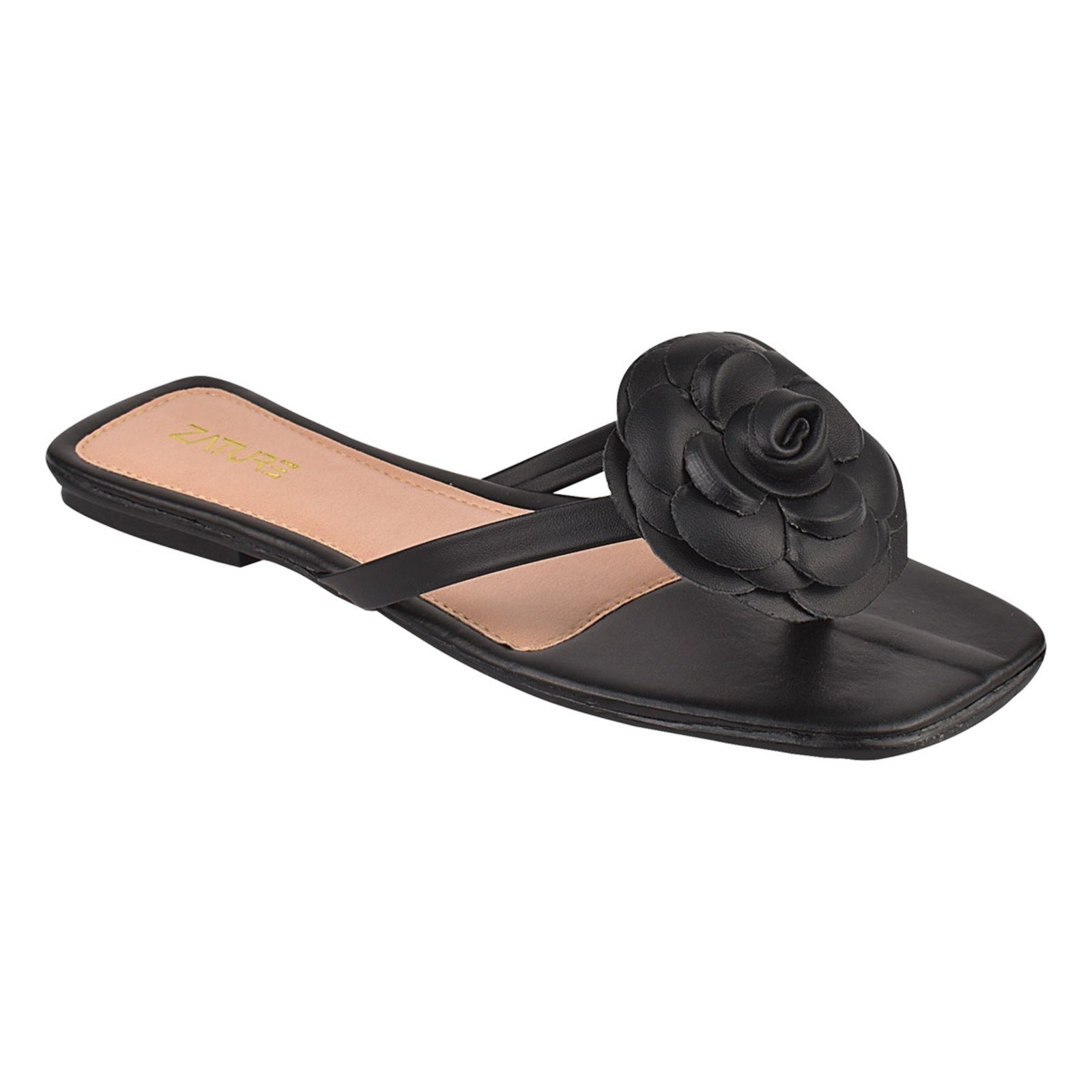 Imagem principal Sandália Feminina Rasteira Casual Verão Metalizada com Flor Leve e Macia para Blogueiras ZATURE STORES preto