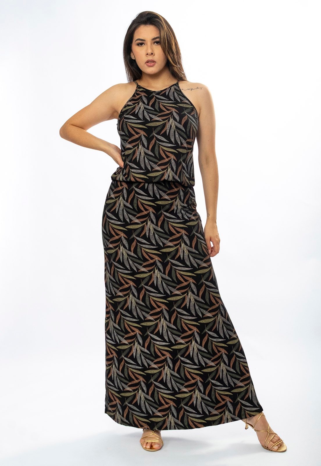 Imagem principal Vestido Longo Cabanafree Malha Trapézio com Elástico na Cintura Folhagem Cabanafree estampado/marrom