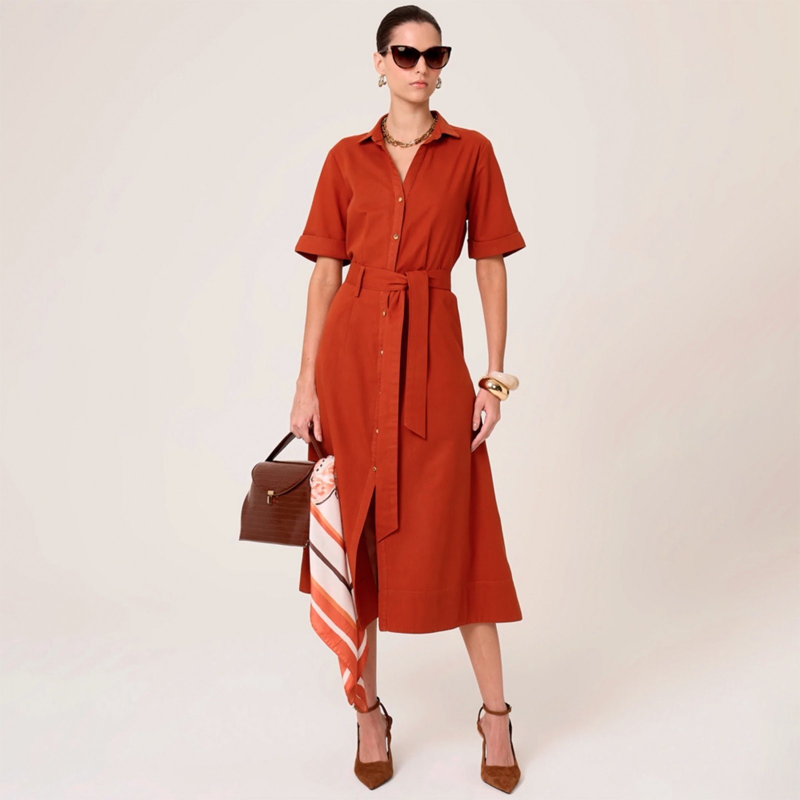 Imagem principal Vestido Chemise Dudalina Midi Liso Ve26 Feminino Dudalina laranja