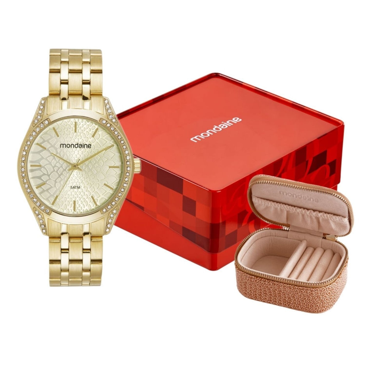 Imagem principal Kit Relógio Feminino Estampa Delicada Porta-Jóias Mondaine dourado