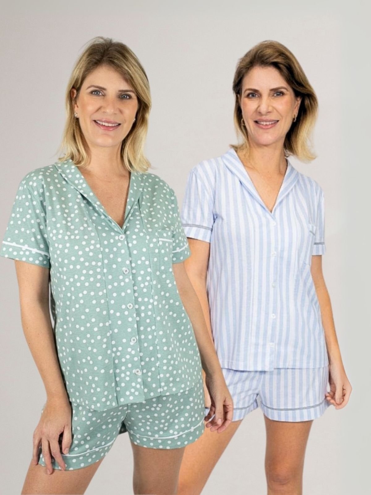 Imagem principal KIT Pijama Americano Curto Listrado + Pijama Americano Curto Verde Poá Piante azul