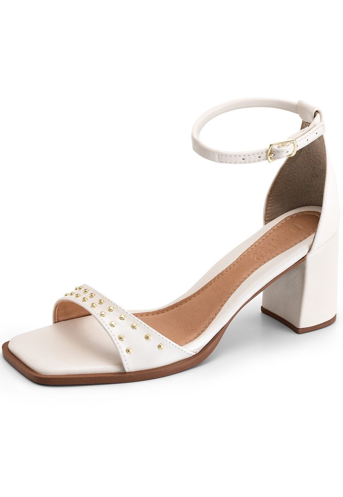 Imagem principal Sandália Feminina Lumiss Salto Baixo Bloco Tachas Dourada Bico Quadrado Off White LUMISS off-white white