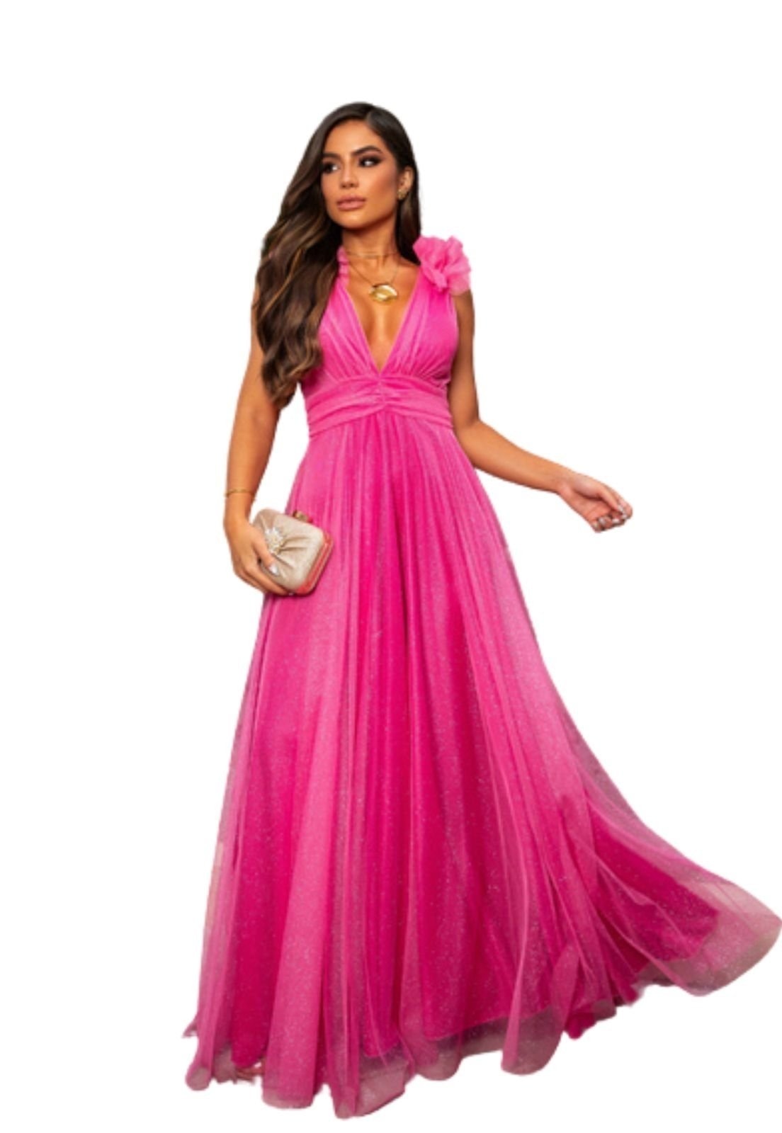 Imagem principal Vestido Longo de Festa Madrinhas com decote em V Detalhes nos Ombros Gylane Chiclete Cia do Vestido rosa