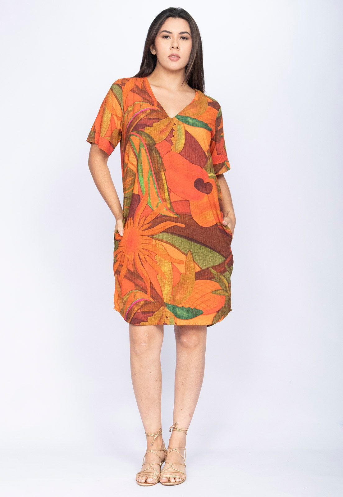 Imagem principal Vestido Curto Gola V Viscose com Bolso Estampa Calor da Mata Amazonia Vital estampado/laranja