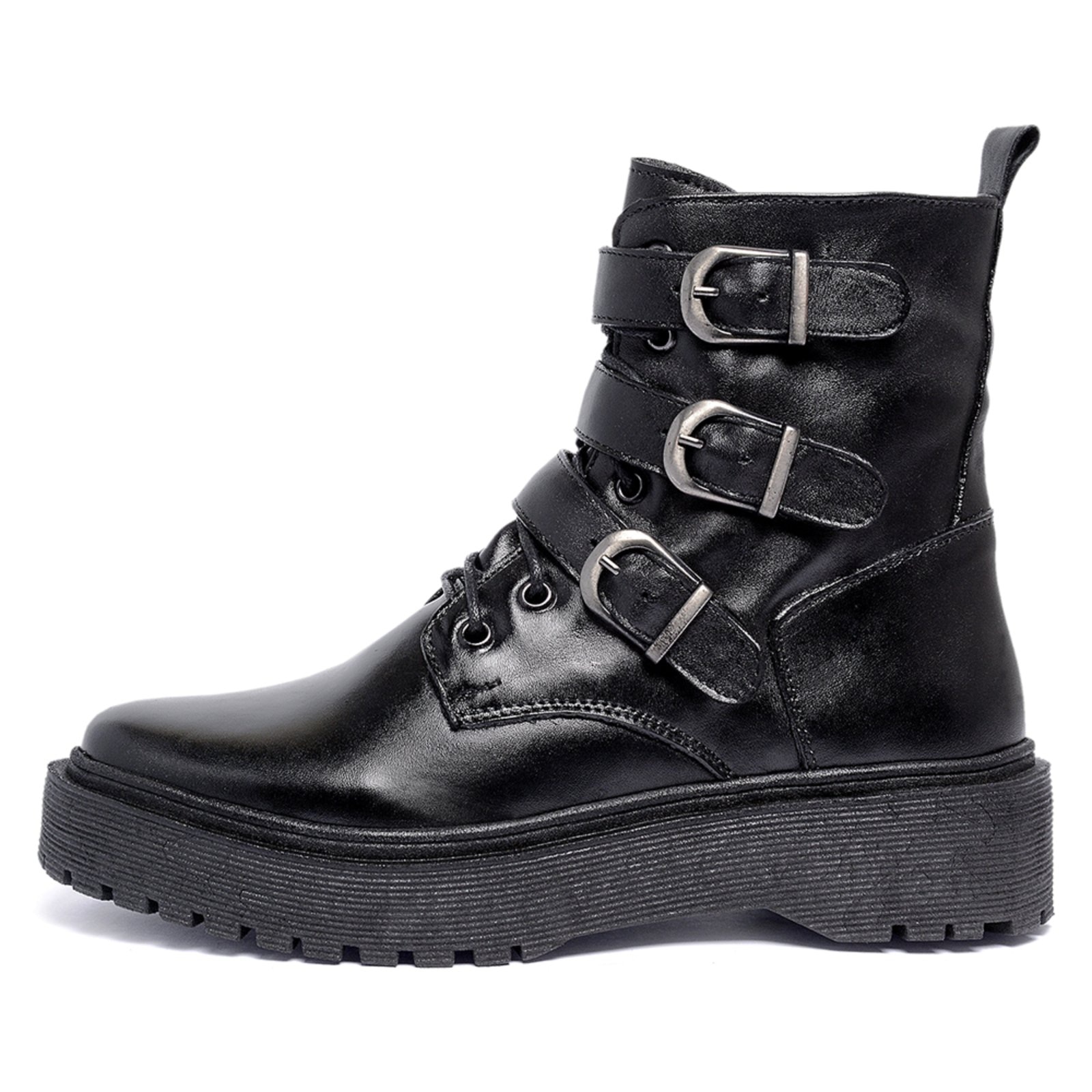 Imagem principal Bota Coturno Feminino Ferrile em Couro Com Fivelas e Ziper Preta Ferrile multicolorido/preto