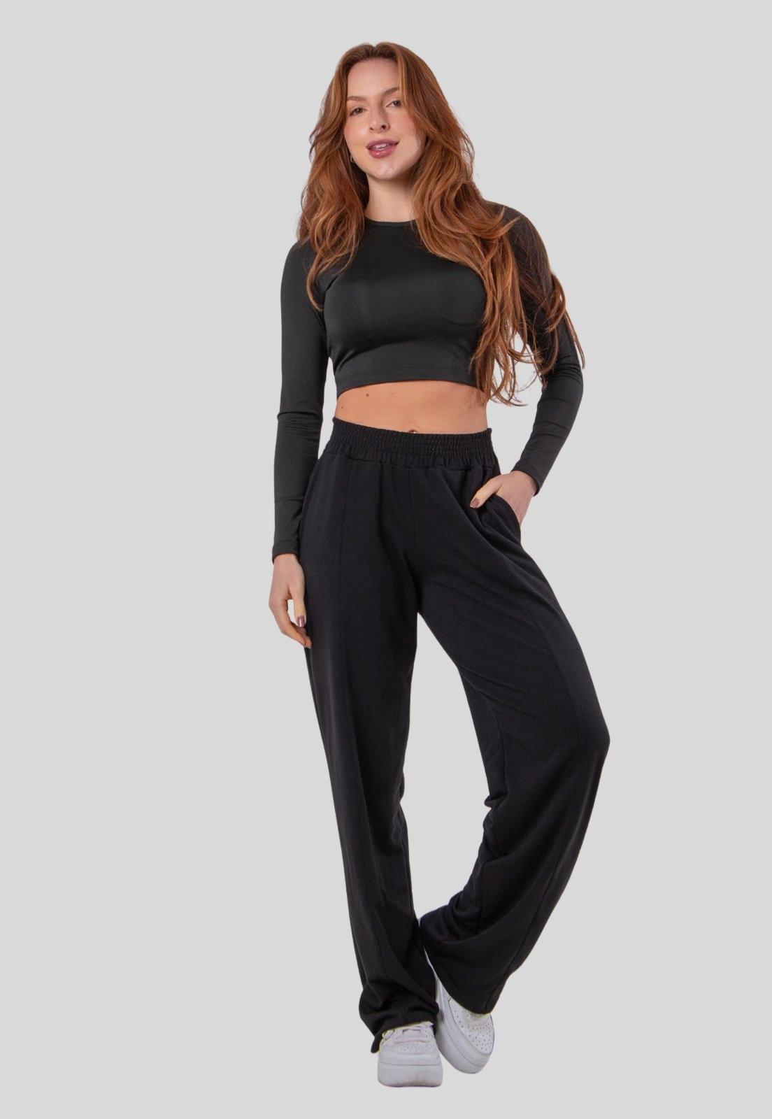 Imagem principal Calça Moletinho Feminina com Bolso Wide Leg Casual Inverno Rioutlet preto