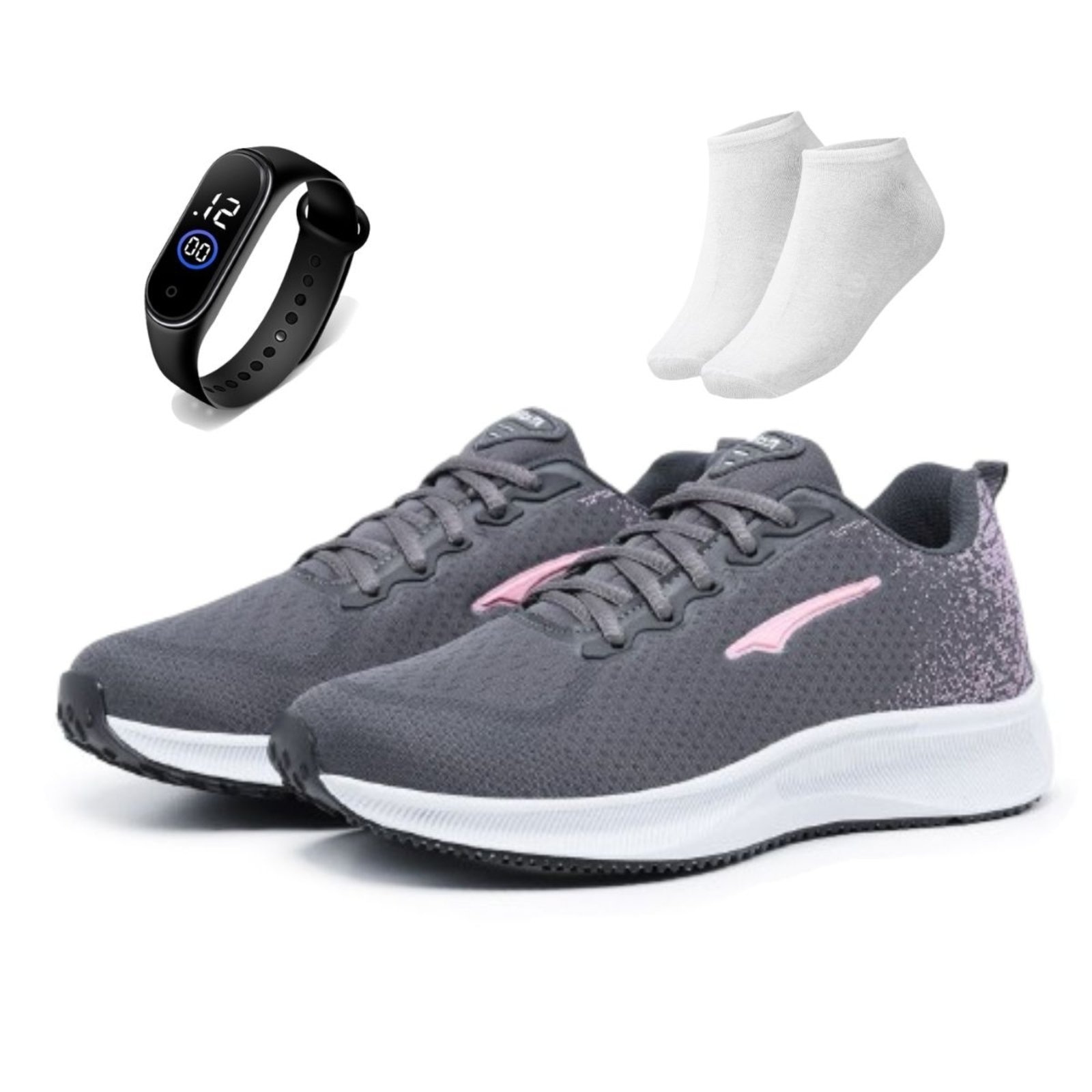 Imagem principal Kit Tênis Casual Feminino Esportivo Ortopédico Macio Para Academia Treino Pink + Meia e Relógio Bia Ramos grafite/pink pink