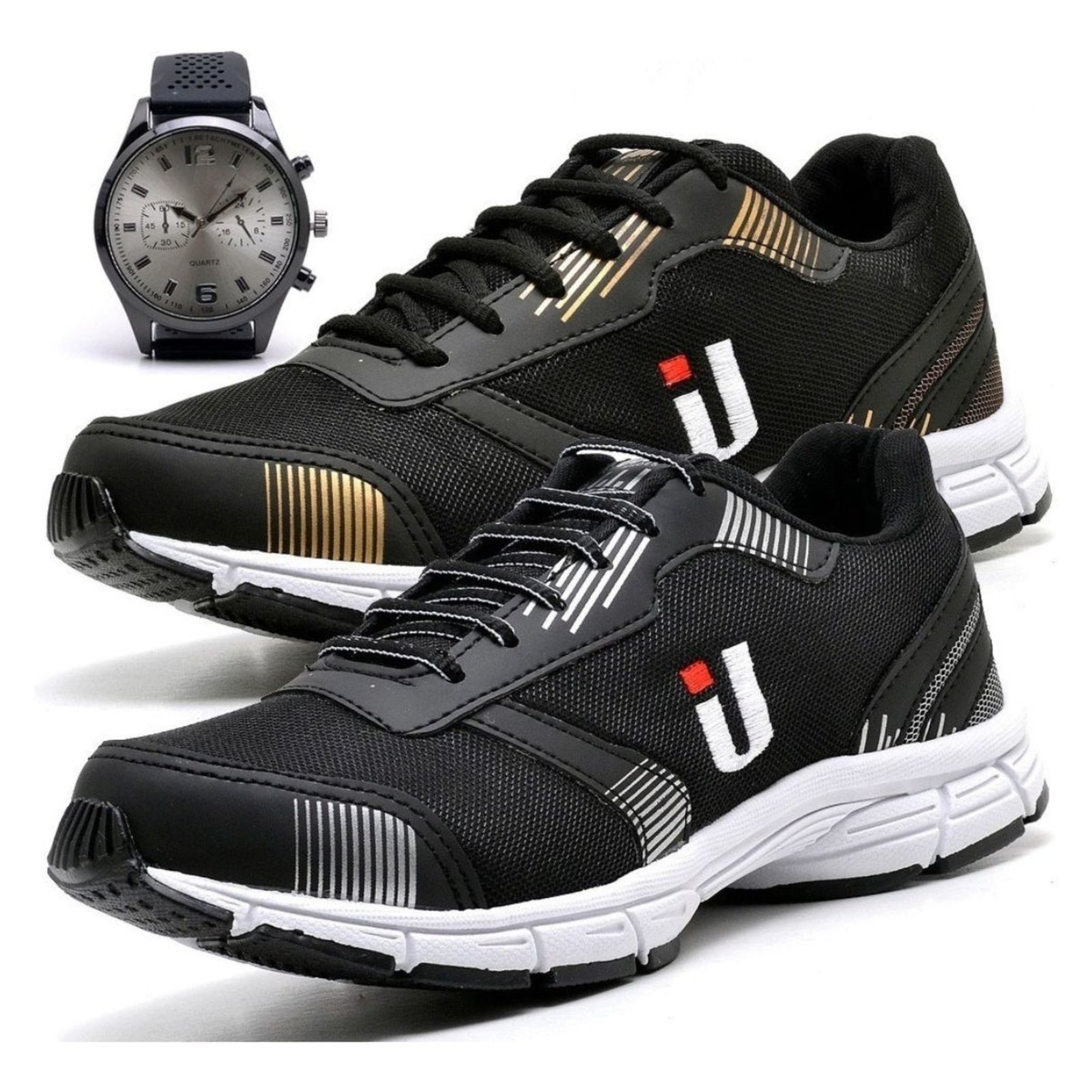 Imagem principal Tênis Esportivo Masculino Casual Treino Corrida Leve Super Confortável Lançamento 2 Pares com e Combo Promocional Mais Relógio OUSY SHOES dourado/preto