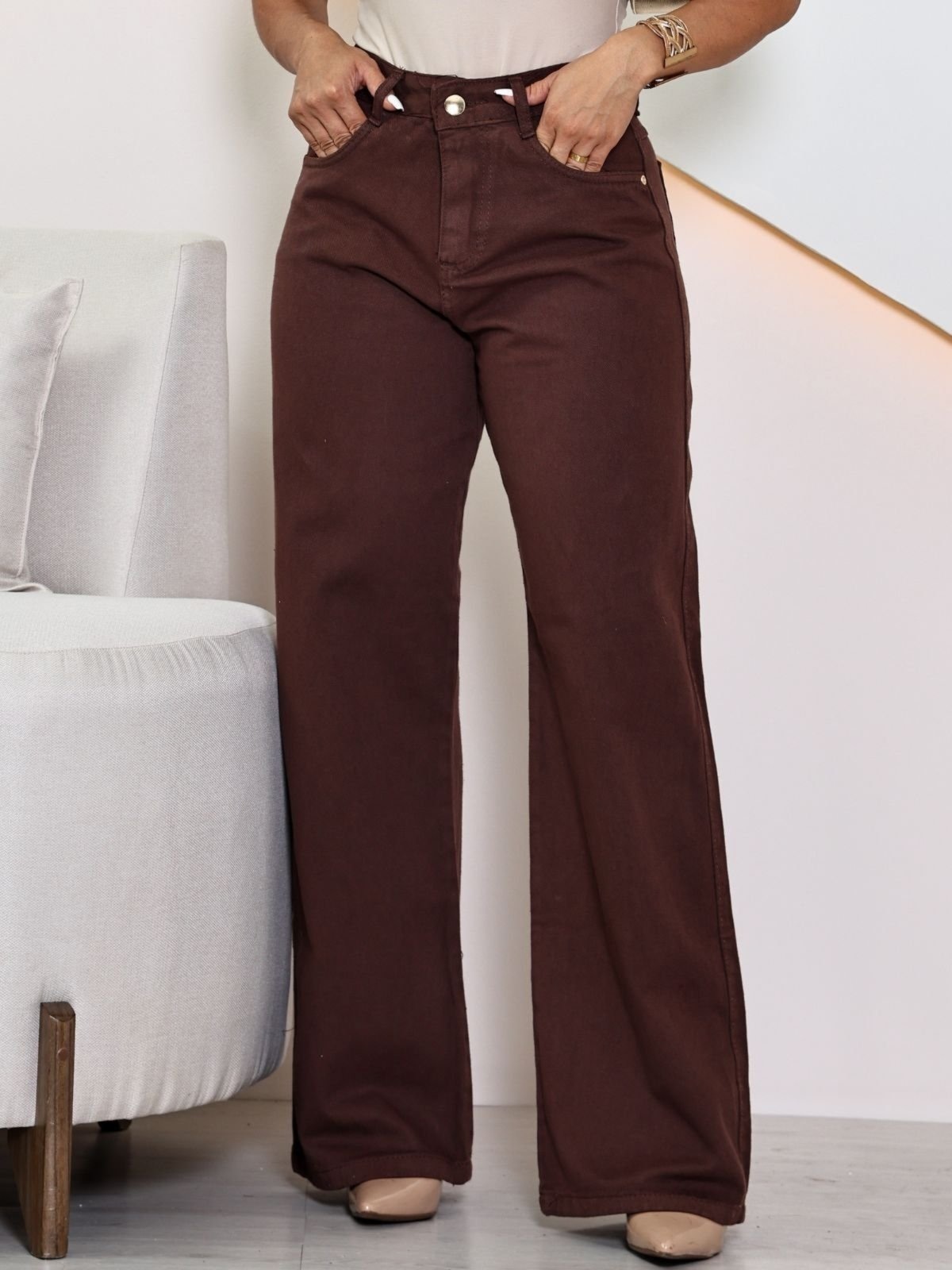 Imagem principal Calça Donna De Paula Wide Leg Cintura Alta Casual Feminina Donna de Paula marrom