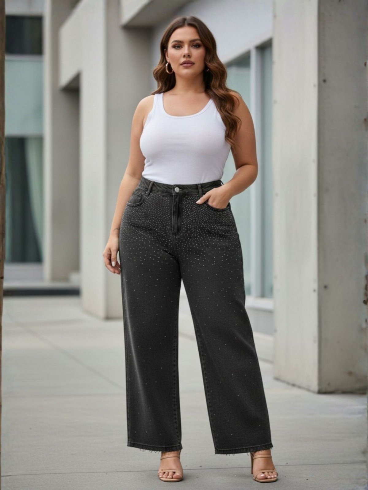 Imagem principal Calça Feminina Plus Size Reta Brilhos Cintura Alta Bolsos Barra a Fio Razon Jeans jeans/preto
