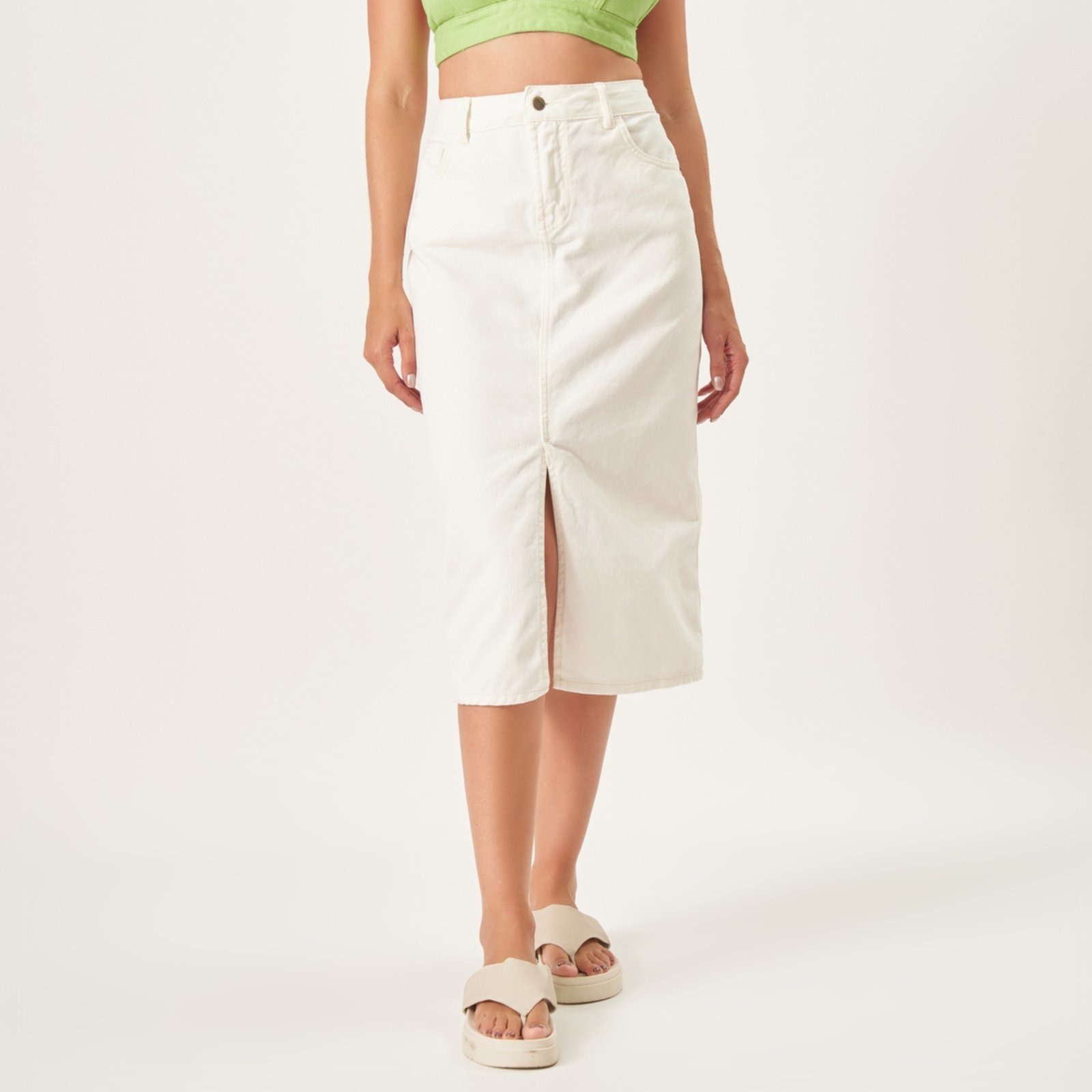 Imagem principal Saia Midi Jeans Color Reta Fenda Frontal Cru Bloom branco