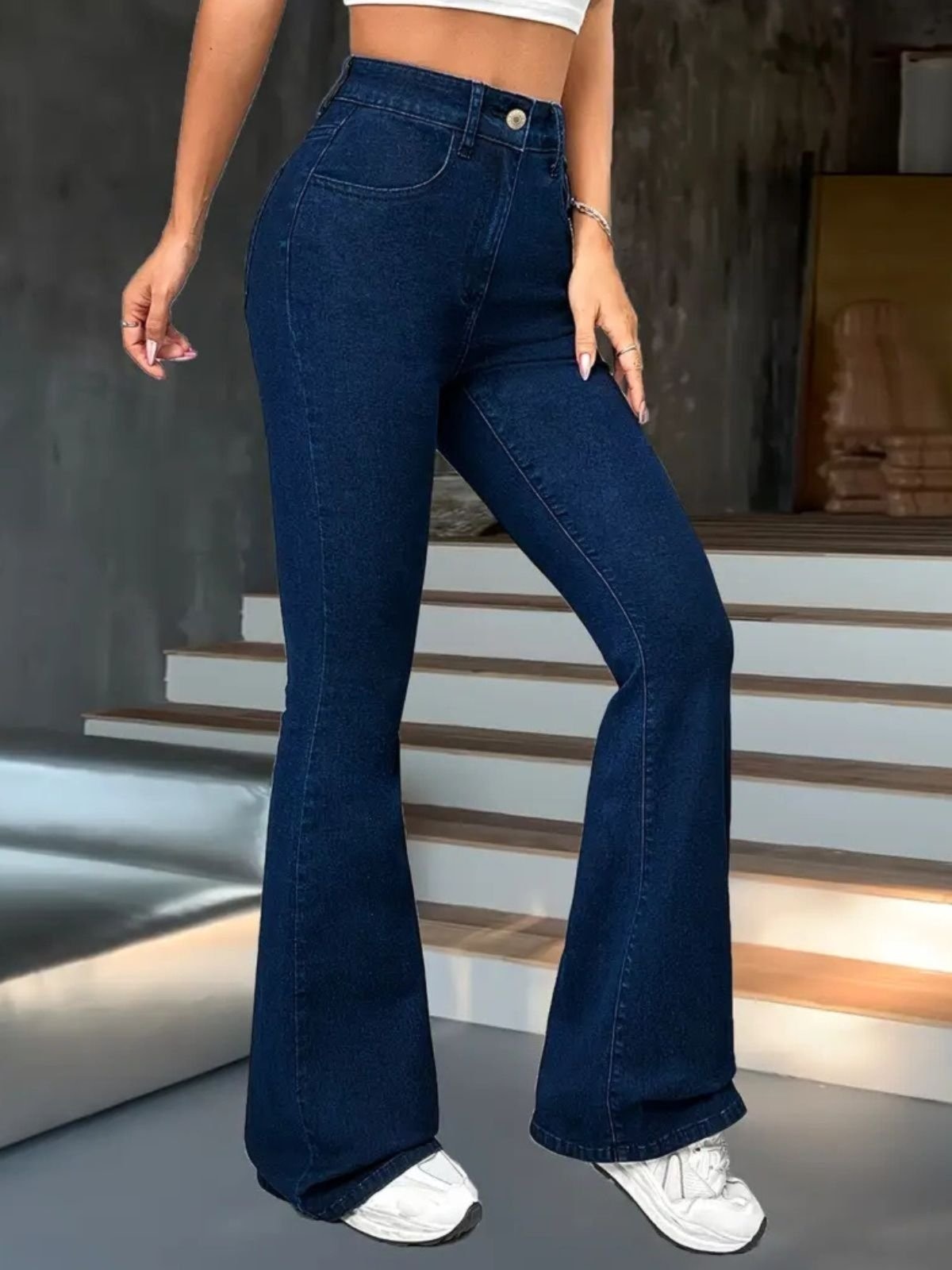 Imagem principal Calça Jeans Flare Feminina Safira Moda Boca de Sino Estonado Safira Moda azul