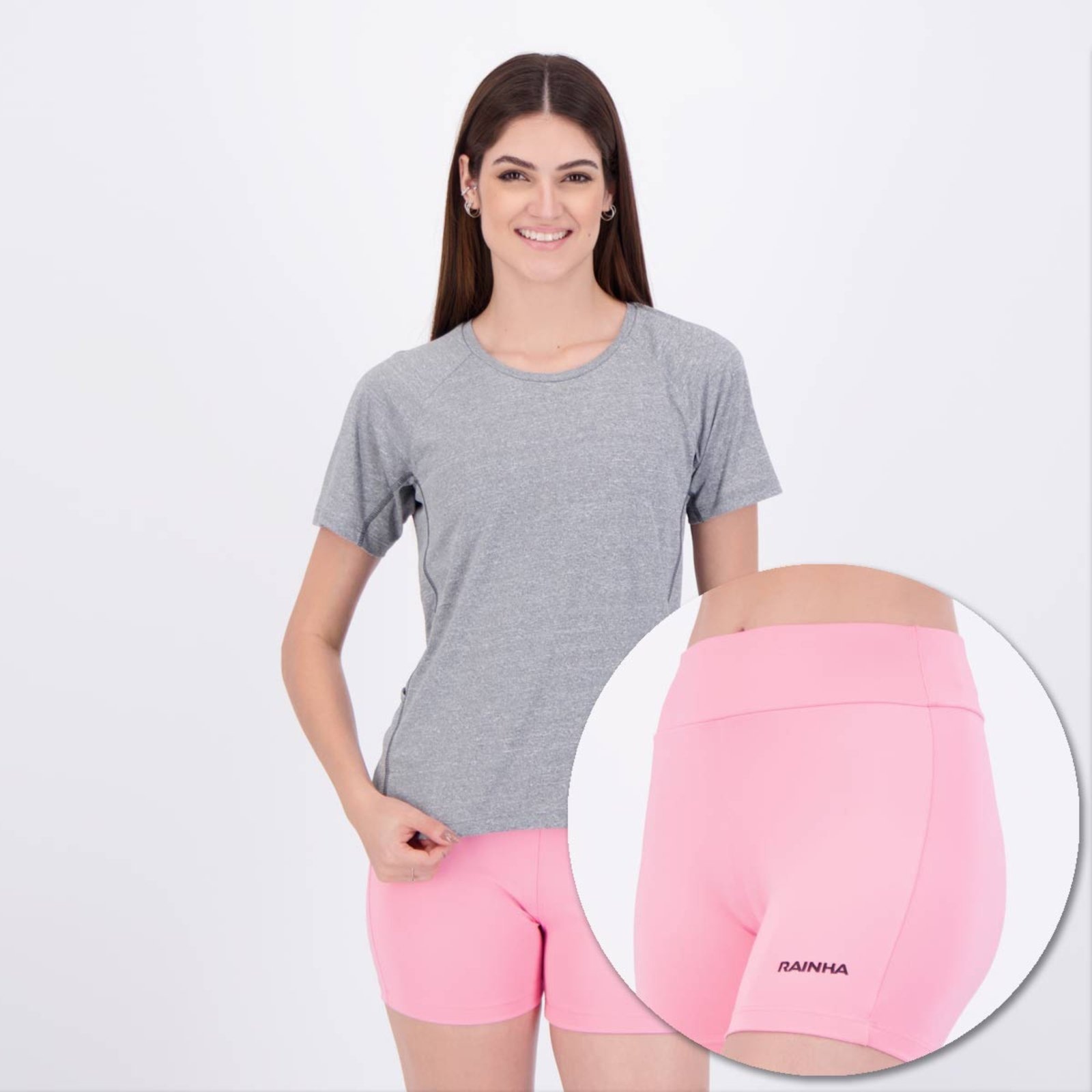 Imagem principal Conjunto Camiseta com Bolso e Bermuda Rainha Feminino Cinza e Rosa Rainha cinza rosa