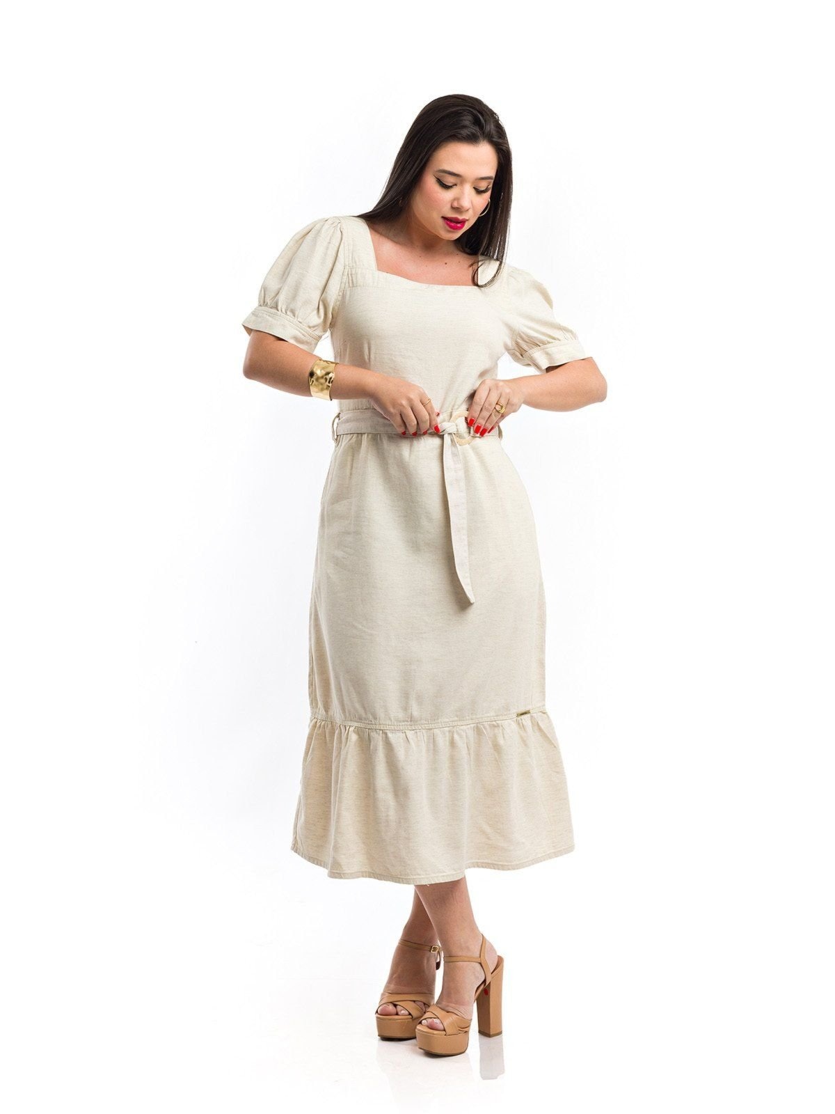 Imagem principal Vestido Midi Restrito Jeans Linho Com Mangas Bufante Restrito Jeans bege