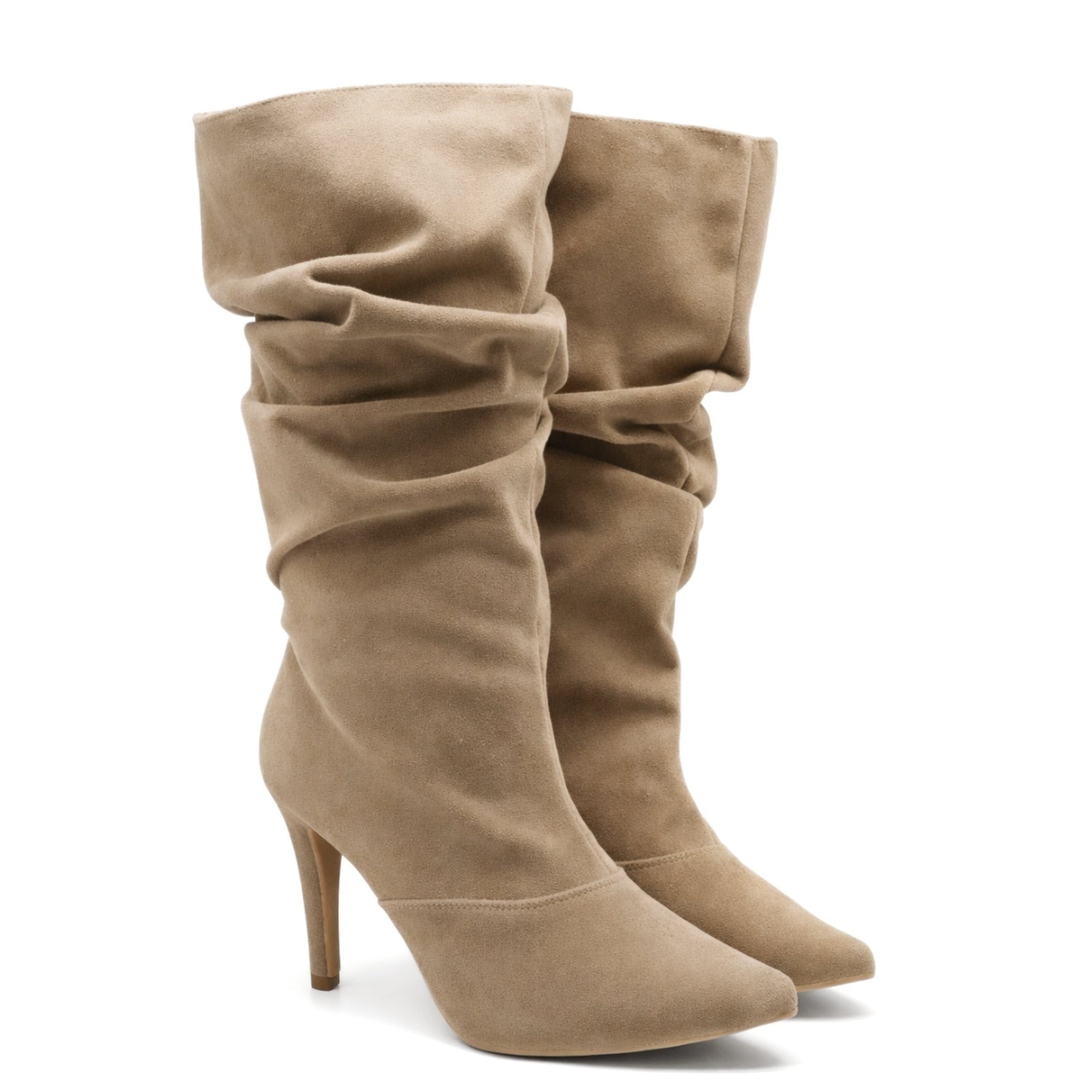 Imagem principal Bota Feminina Cano Slouchy Longo Salto Fino Sete Sales 1714 Camurça Areia Flor da Pele bege