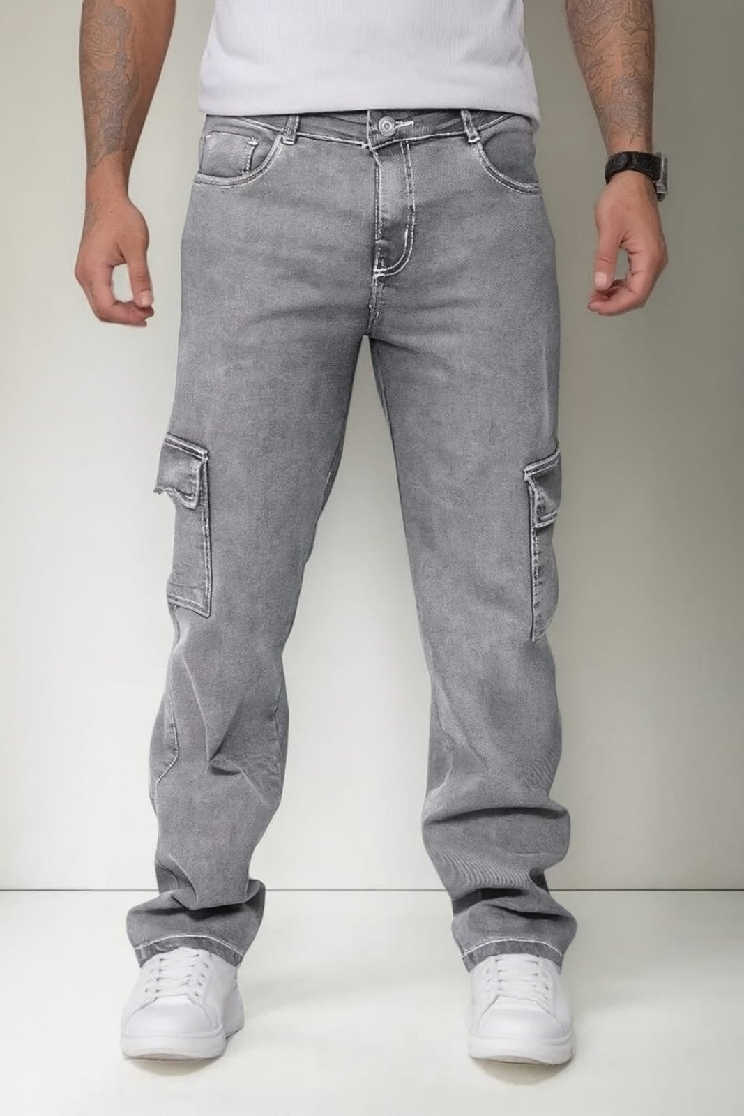 Imagem principal Calça Masculina Cargo Manchada com Costura Branca Jeans Loka cinza/grafite