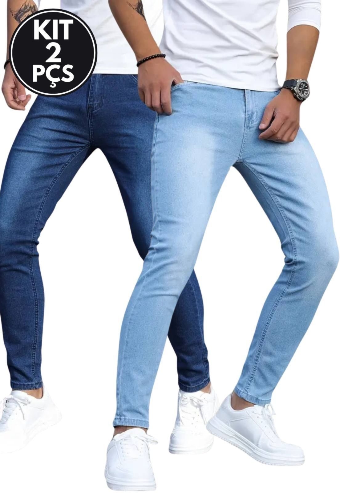 Imagem principal Kit 2 Calças Jeans Masculinas Elegantes Skinny Lavagem Escura e Delavê Tecido Premium TEX JEANS azul/branco