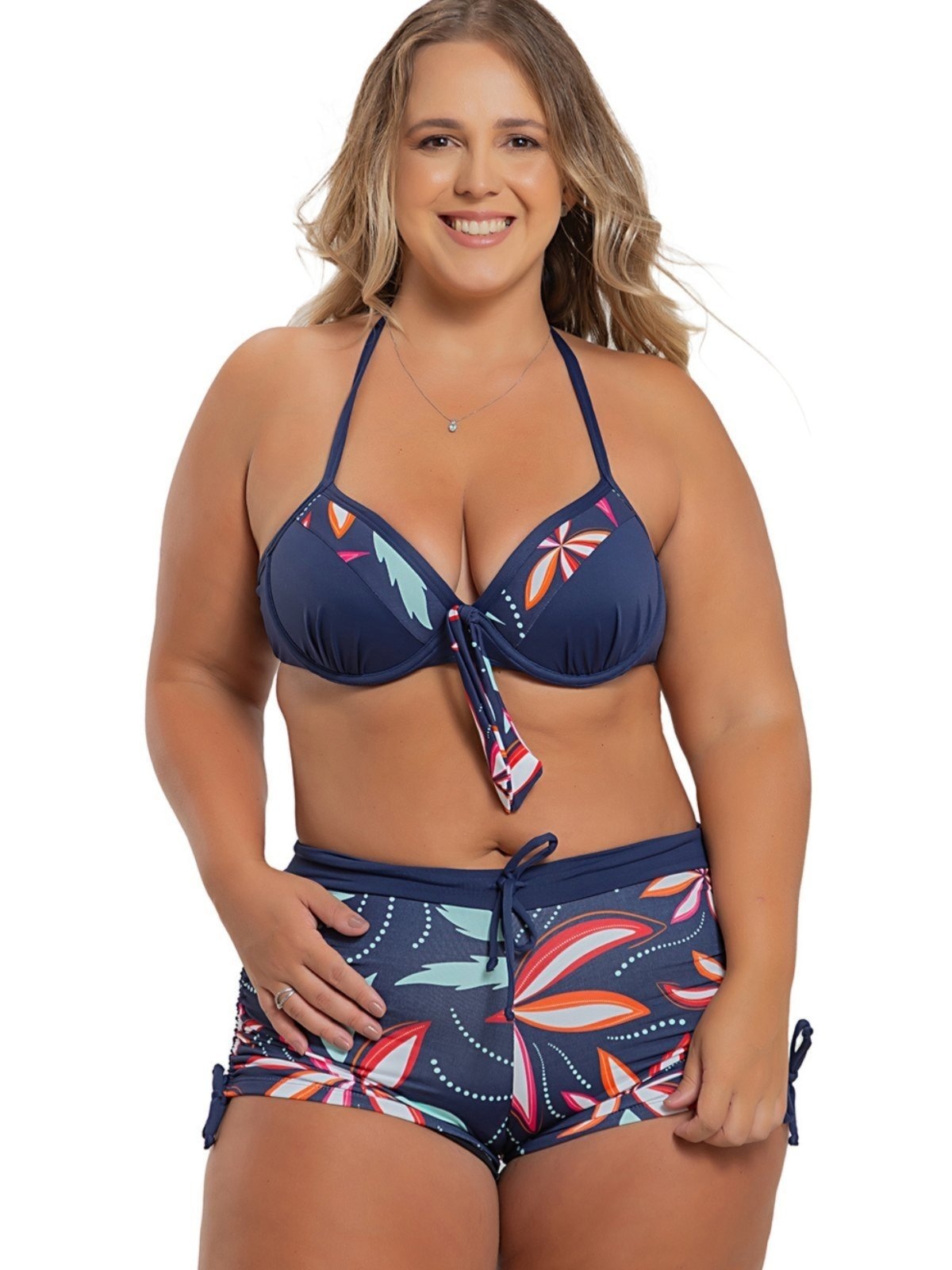 Imagem principal Biquíni Shorts Tanquíni Plus Size Com Bojo Meia Taça E Aro Regulável Estampado Folhagem Orla da Praia azul marinho/branco/vermelho