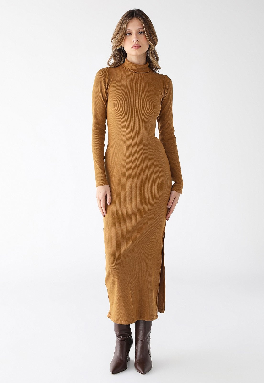 Imagem principal Vestido Longo Levosch Gola Alta Fenda Lateral Ribana Premium Mostarda 77VS LEVOSCH cobre