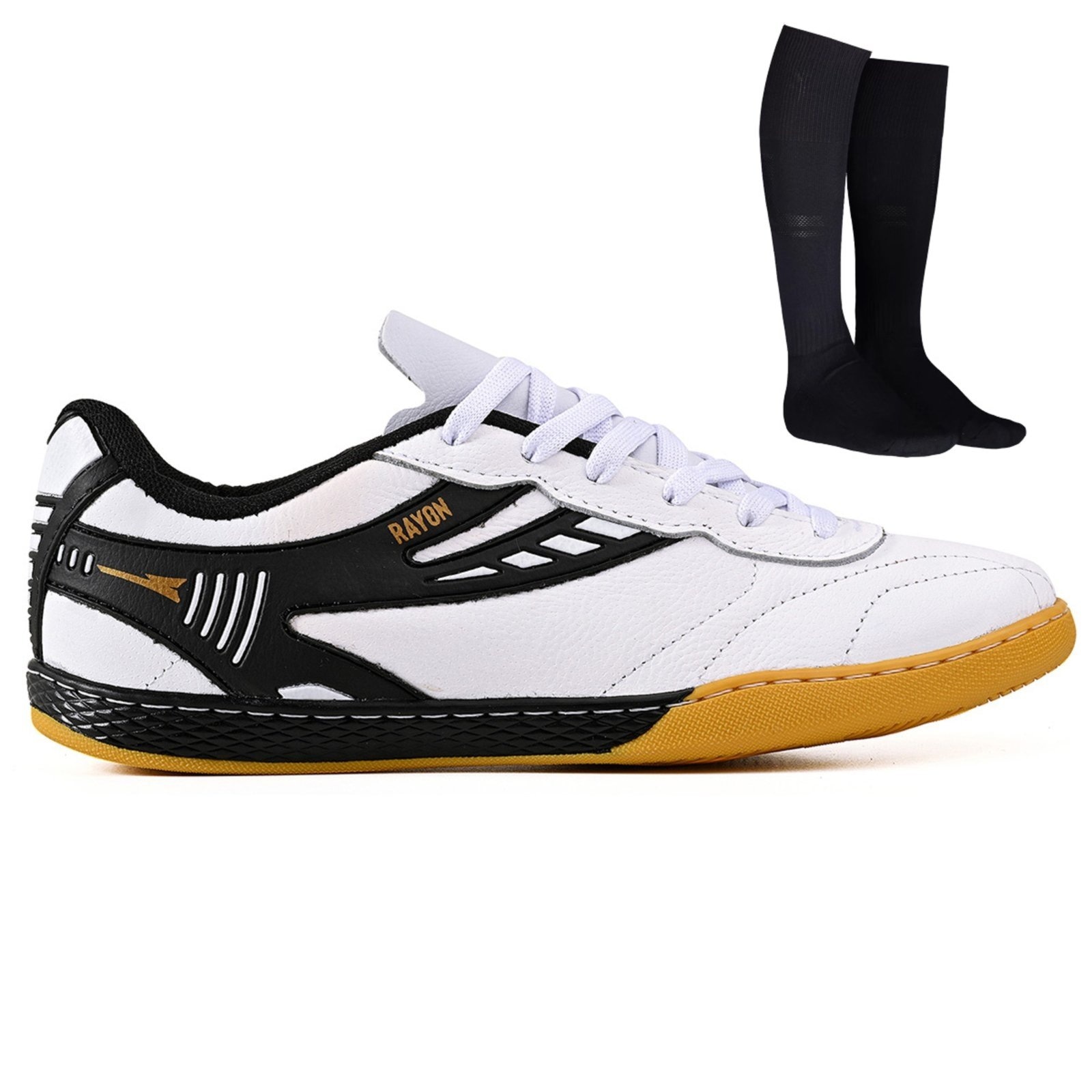 Imagem principal Chuteira Futsal Profissional Masculina em Couro Futebol de Salao Quadra + Meião CALCADOS LGHT LIGHT preto