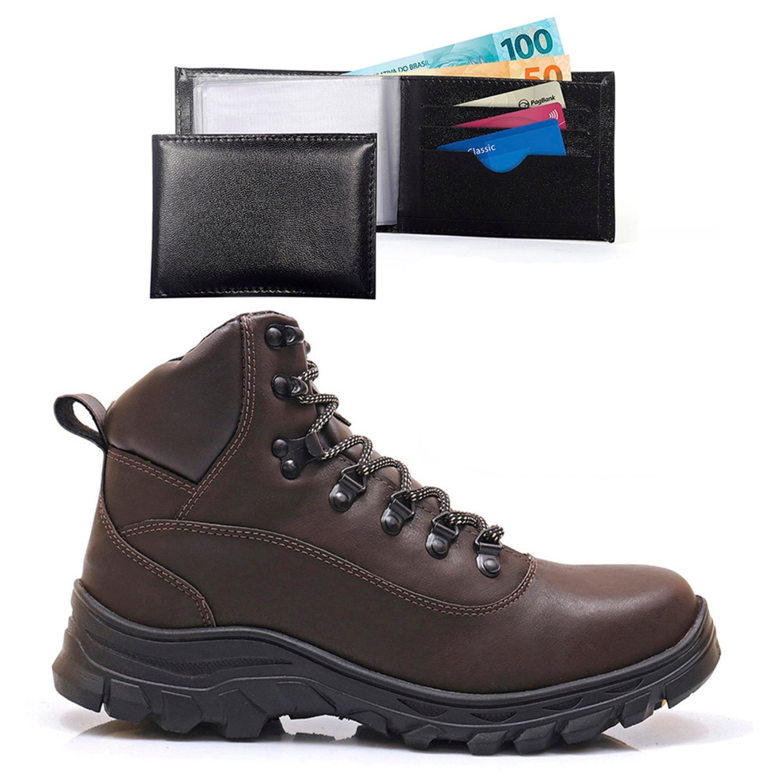 Imagem principal Bota Masculina Épico Adventure Coturno Cano Curto Sola Resistente Confortável Marrom Kit Com Carteira ÉPICO CALÇADOS café