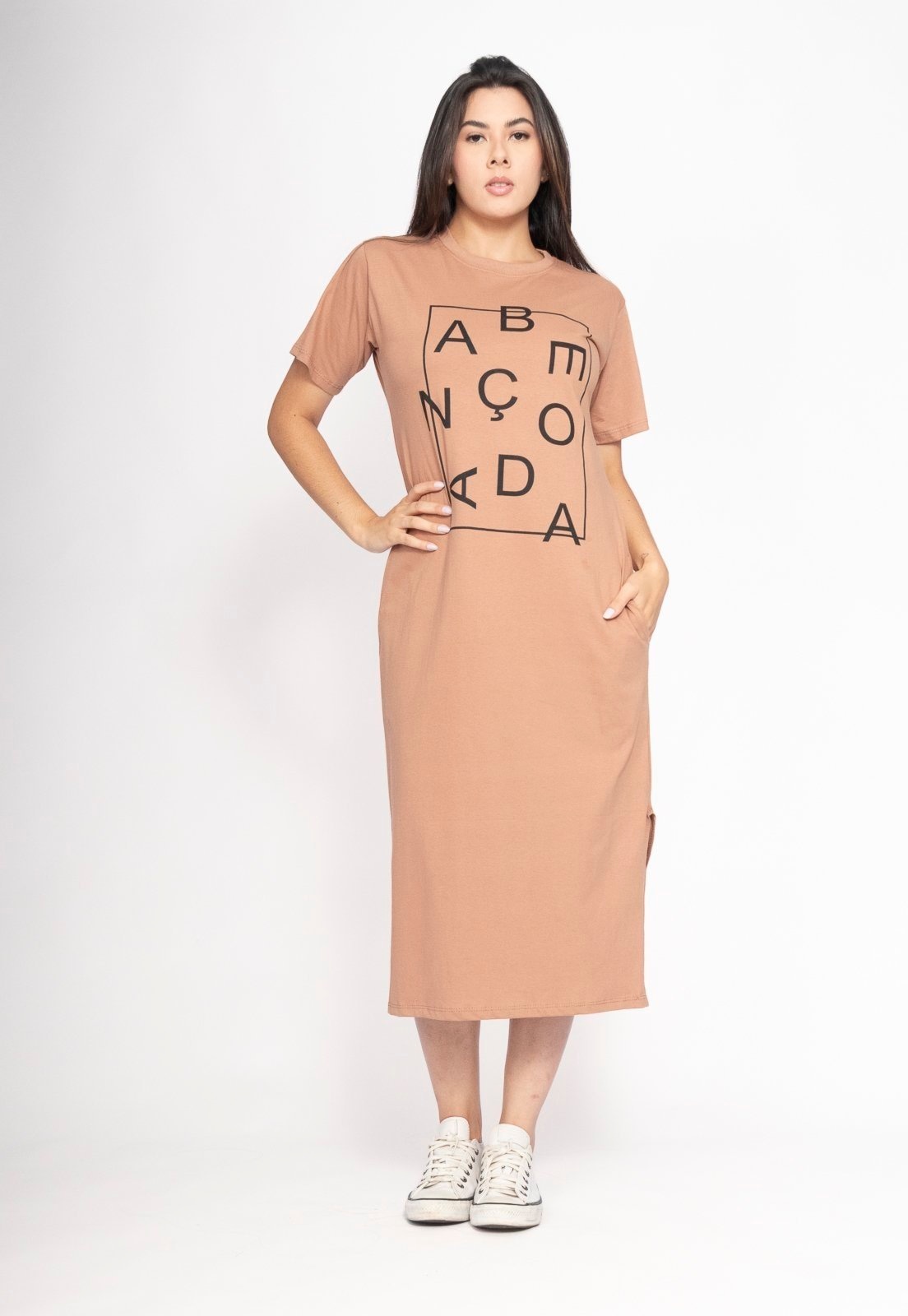 Imagem principal Vestido CabanaFree Midi Algodão Manga Curta Moda Evangélica Terra Clara Cabanafree bege