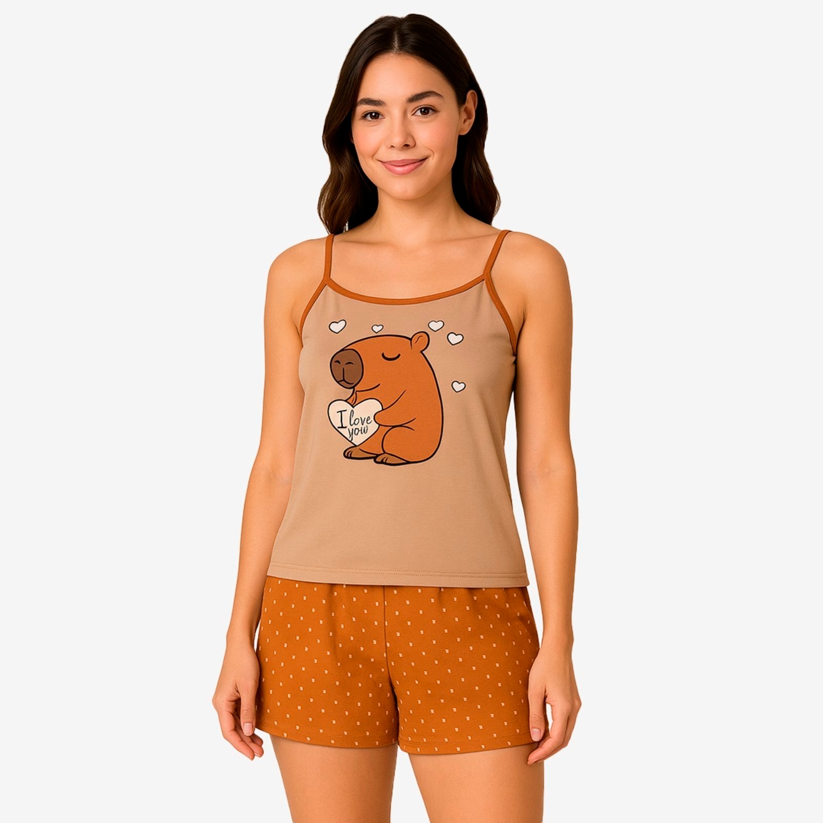 Imagem principal Conjunto de Verão Gabi Lingerie Capivara Baby Doll Elegante Alcinha Estampado Pijama Sensual Gabi Lingerie bege