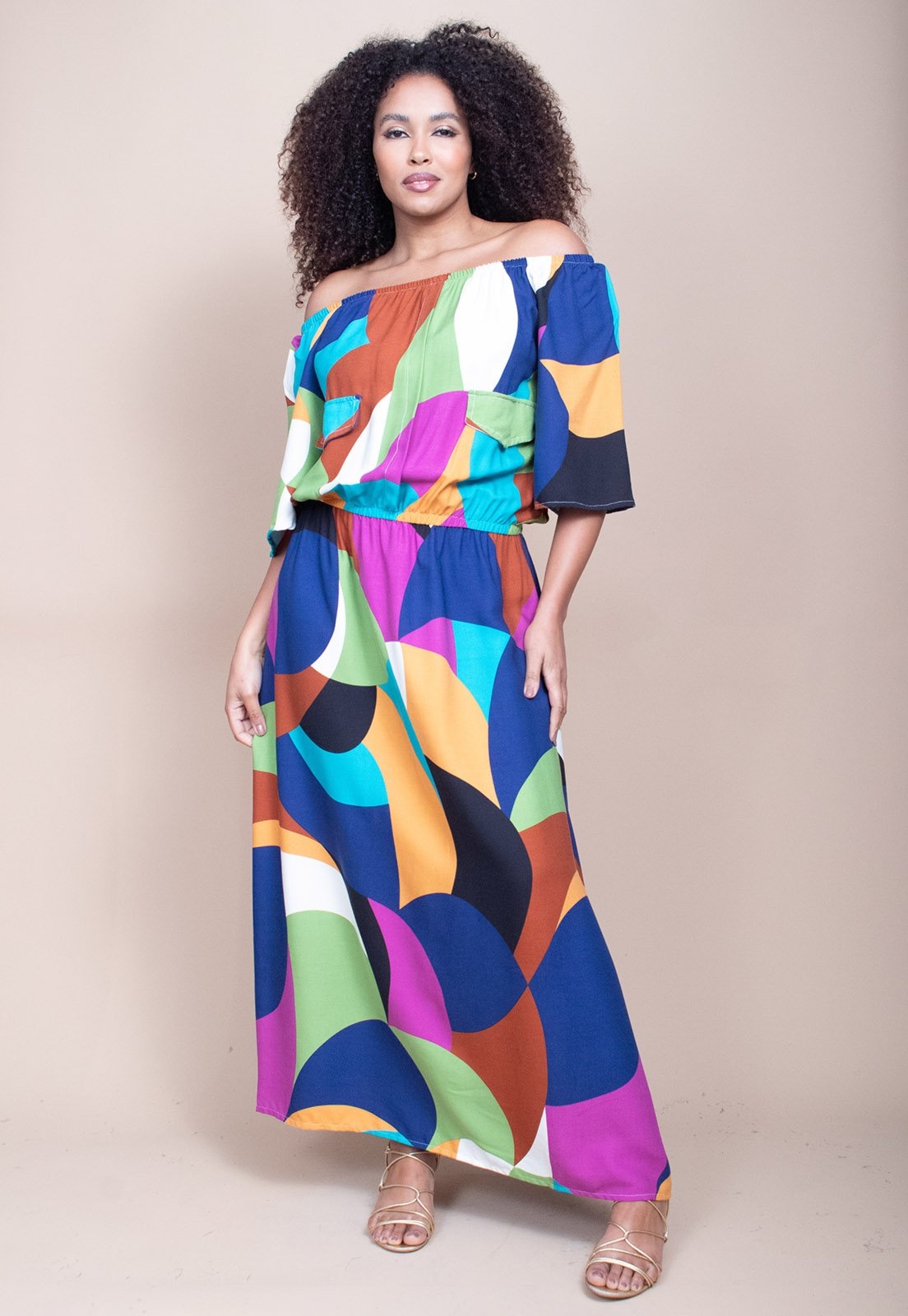 Imagem principal Vestido Midi Cabanafree Ciganinha Viscose com Lapela Estampa Jardim Azul Cabanafree estampado/laranja/rosa/verde azul