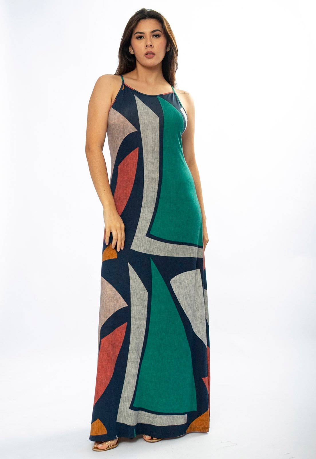 Imagem principal Vestido Longo Amazônia Vital Malha Trapézio Estampa Geometrias do Tempo Amazonia Vital azul marinho/cinza/vermelho