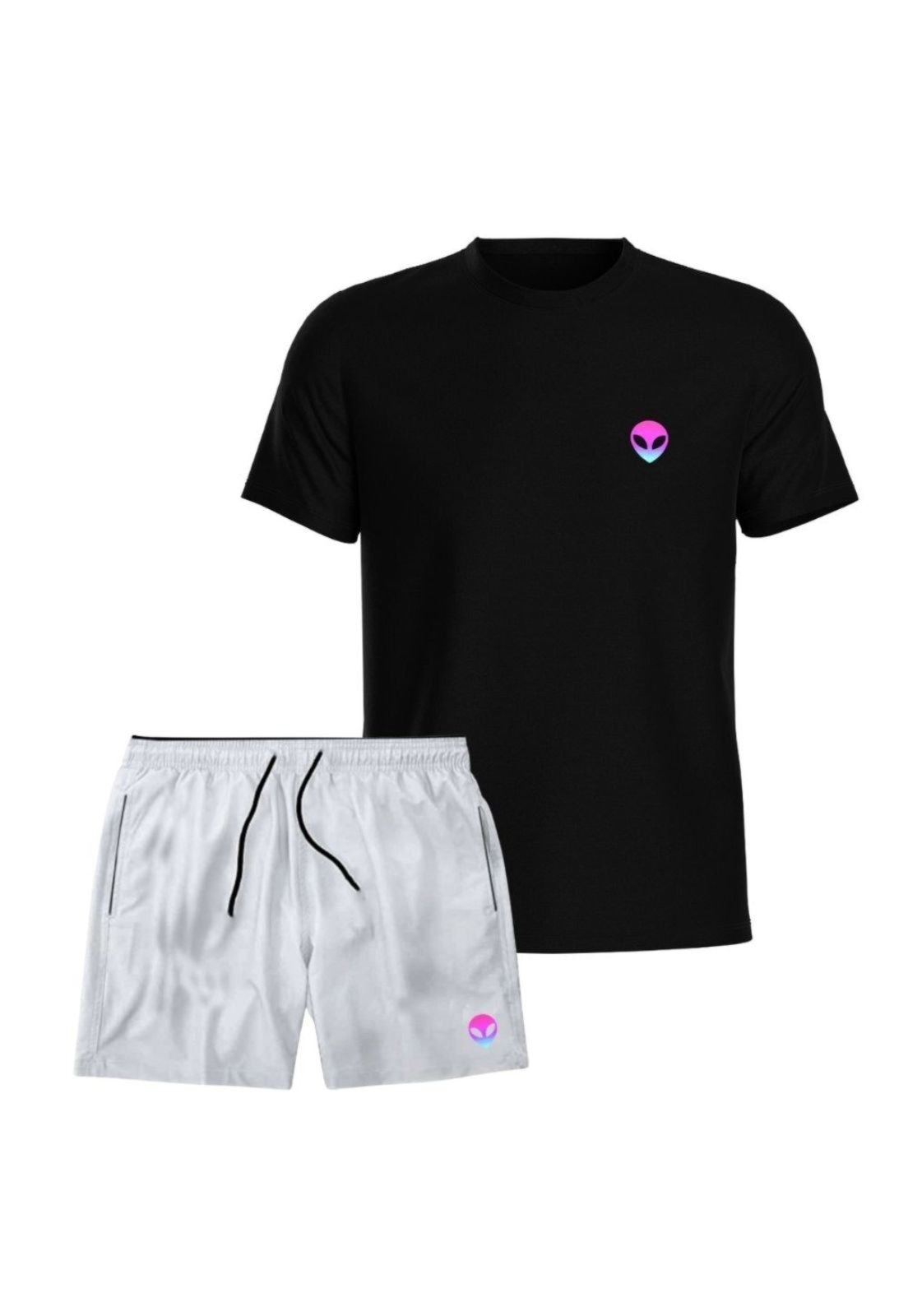 Imagem principal Kit Masculino Camiseta Algodão Short Tactel Relaxado Conjunto Adulto Casual ET Relaxado branco/preto