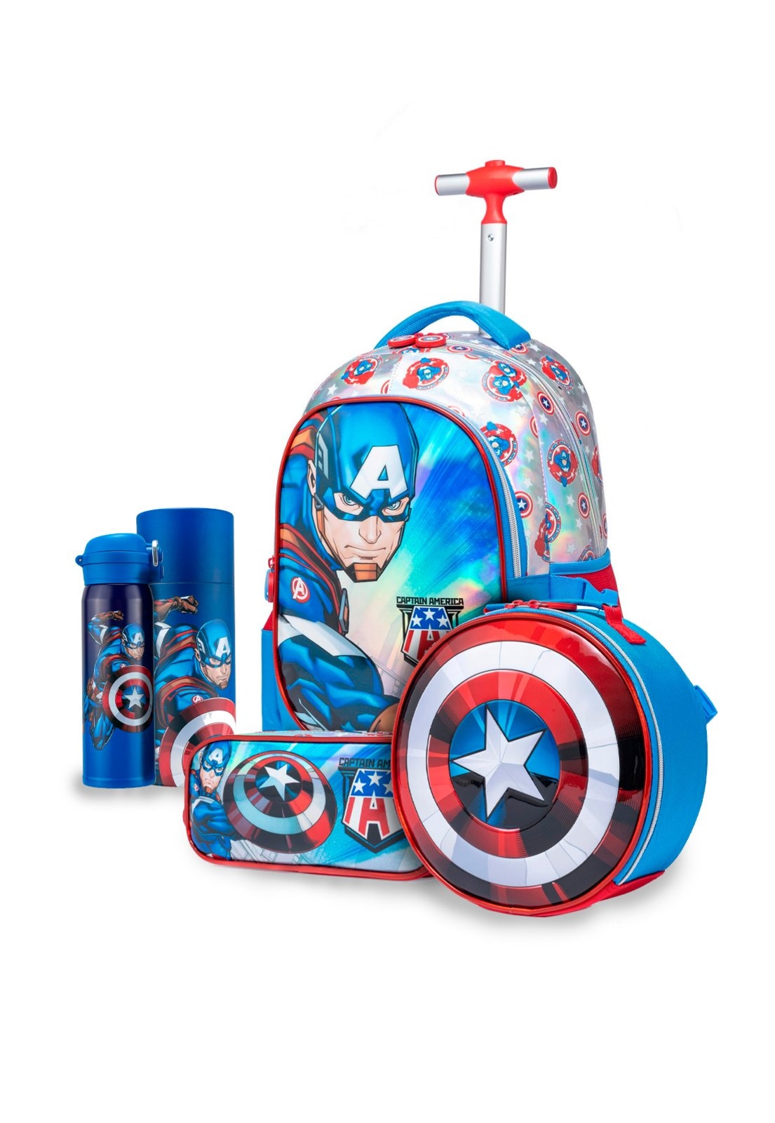 Imagem principal Infantil - Kit Mochila Lancheira Estojo Garrafa Escolar Capitão America Marvel azul