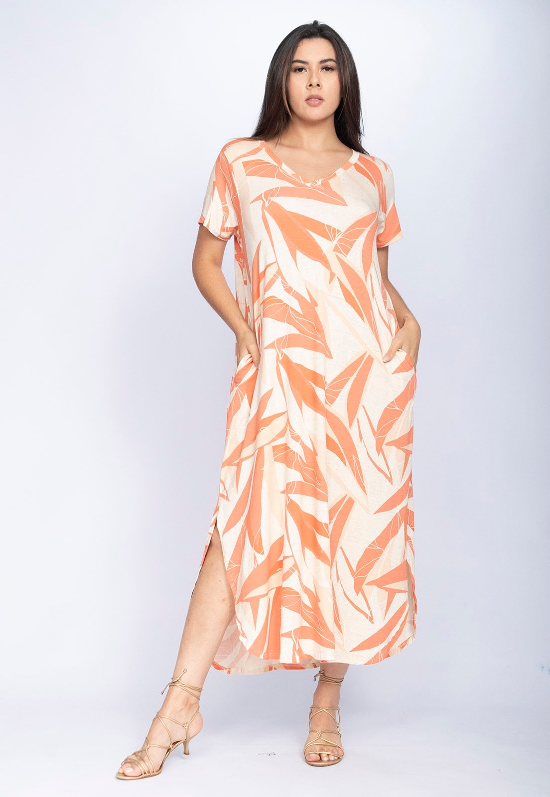 Imagem principal Vestido CabanaFree Midi Abapã Malha com Bolso Estampa Verde Selvagem Laranja Cabanafree estampado/laranja verde