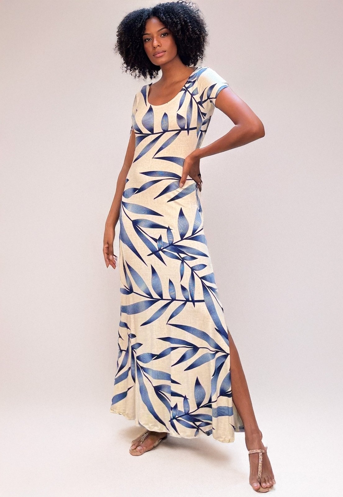 Imagem principal Vestido Longo Malha Gola Canoa Manga Curta Bambu Amazonia Vital azul/azul