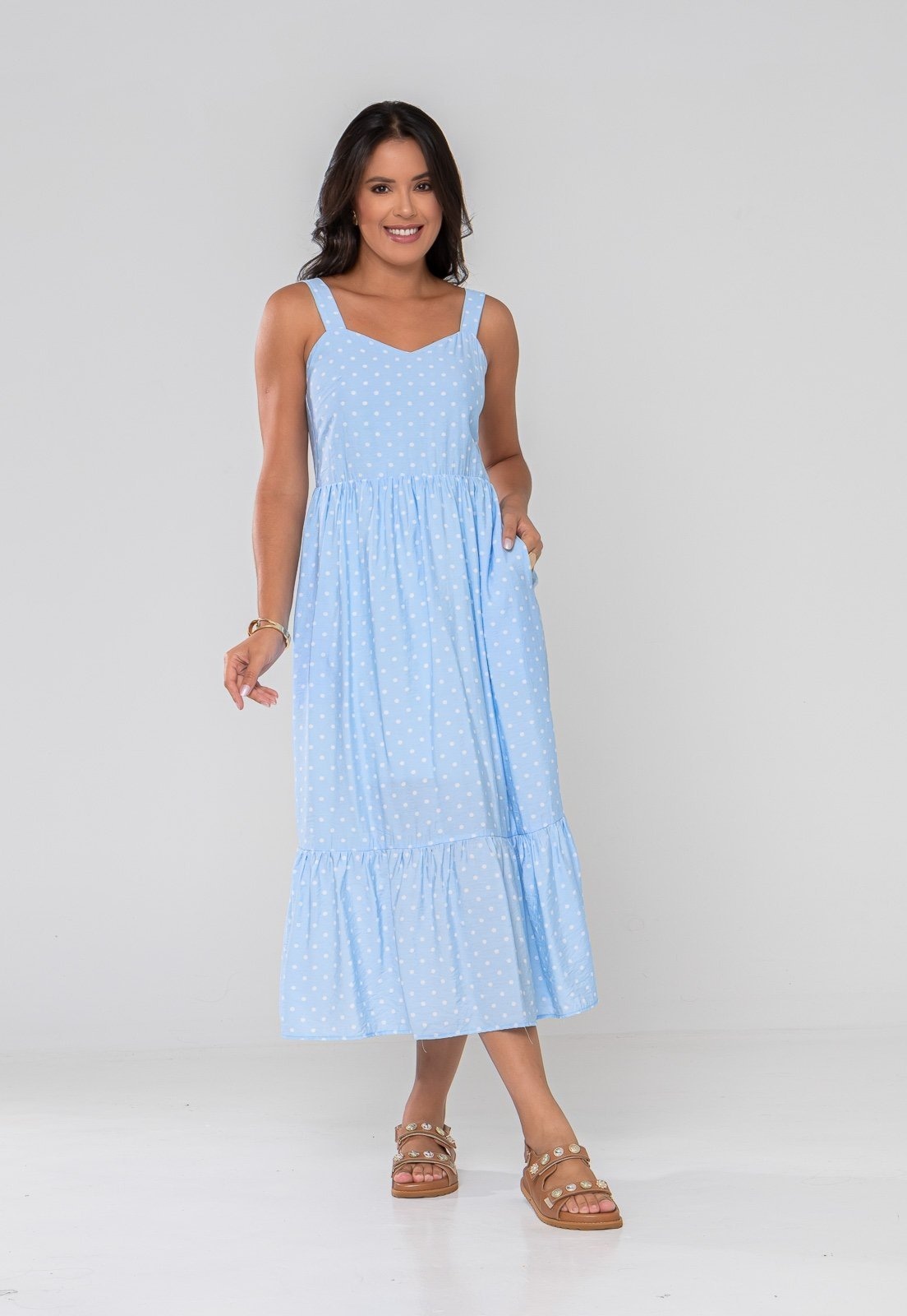 Imagem principal Vestido Aura Tássia Viscoamida Bolso Poá Aura azul